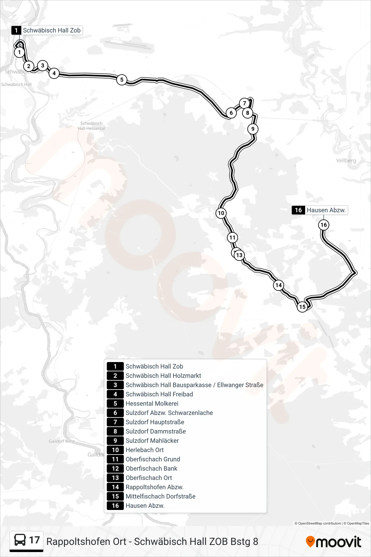 Linie 17 (Bus) Richtung Hausen Abzw.: Route und Haltestellen auf der Karte