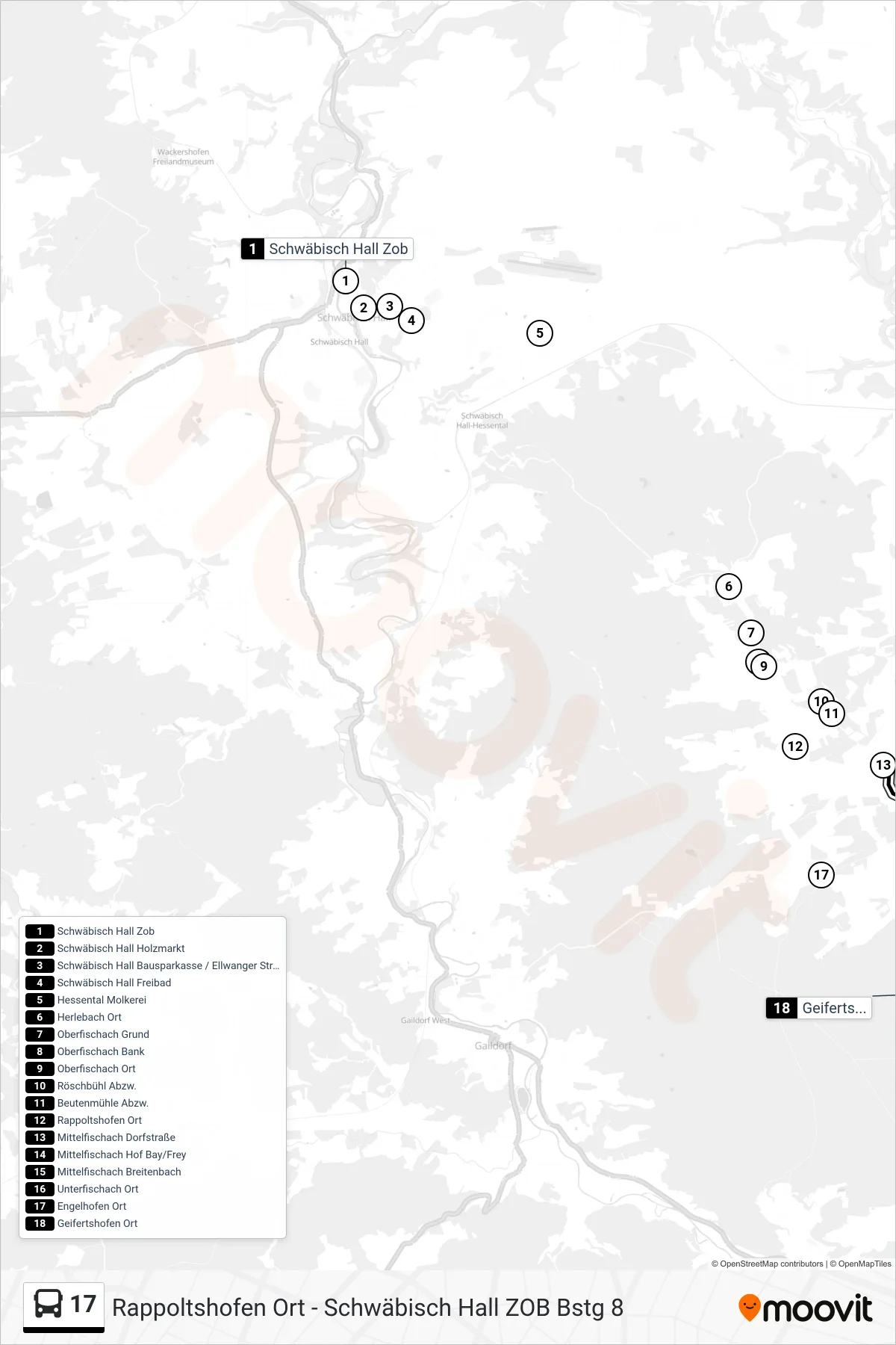 17 bus Line (Geifertshofen Ort) route and stops on a map