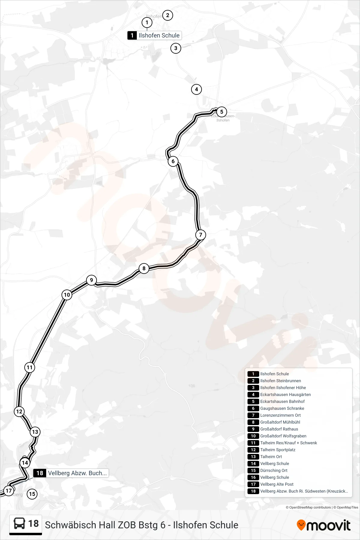 18 bus Line (Vellberg Abzw. Buch) route and stops on a map