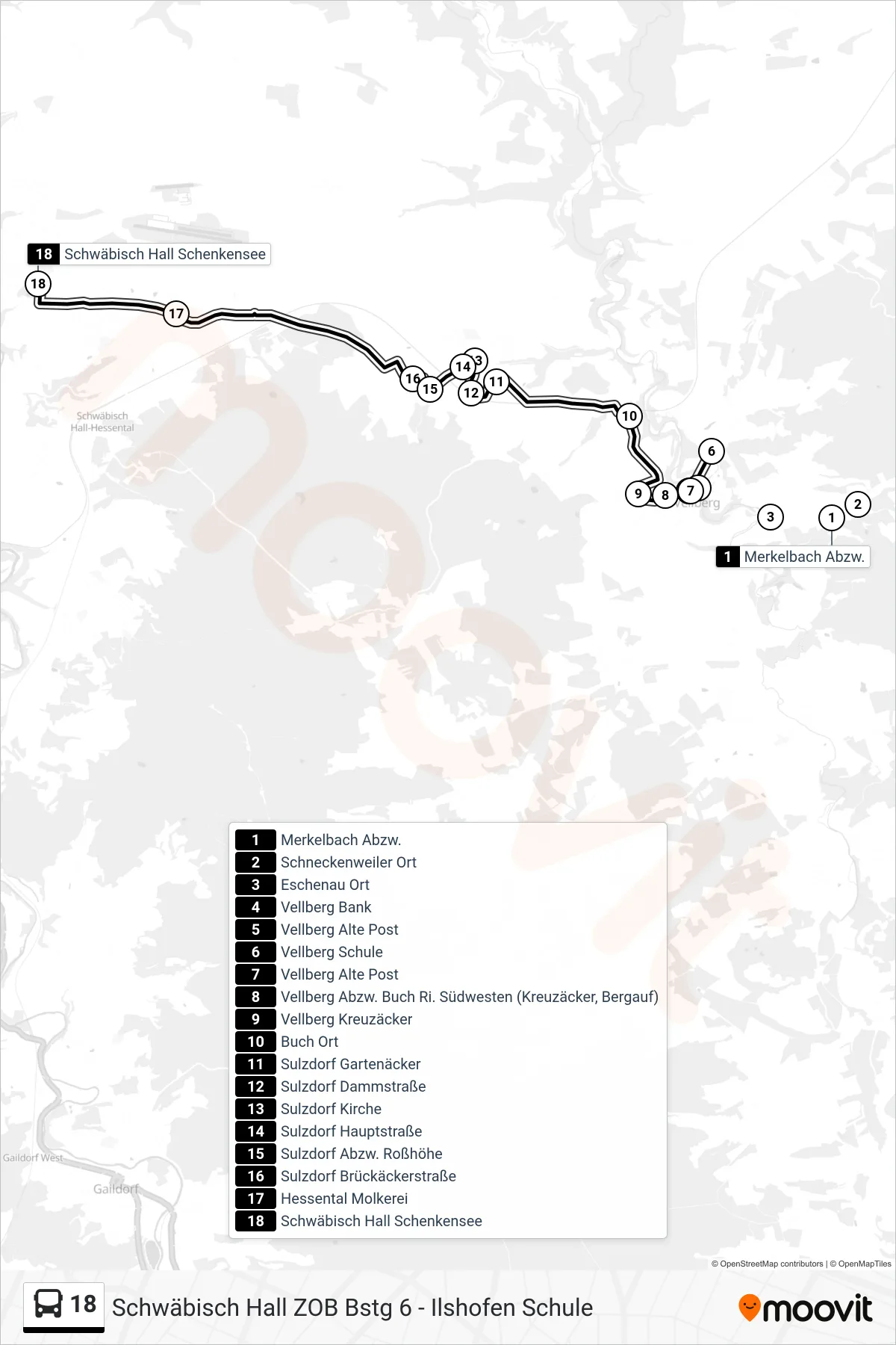 Linie 18 (Bus) Richtung Schwäbisch Hall Schenkensee: Route und Haltestellen auf der Karte
