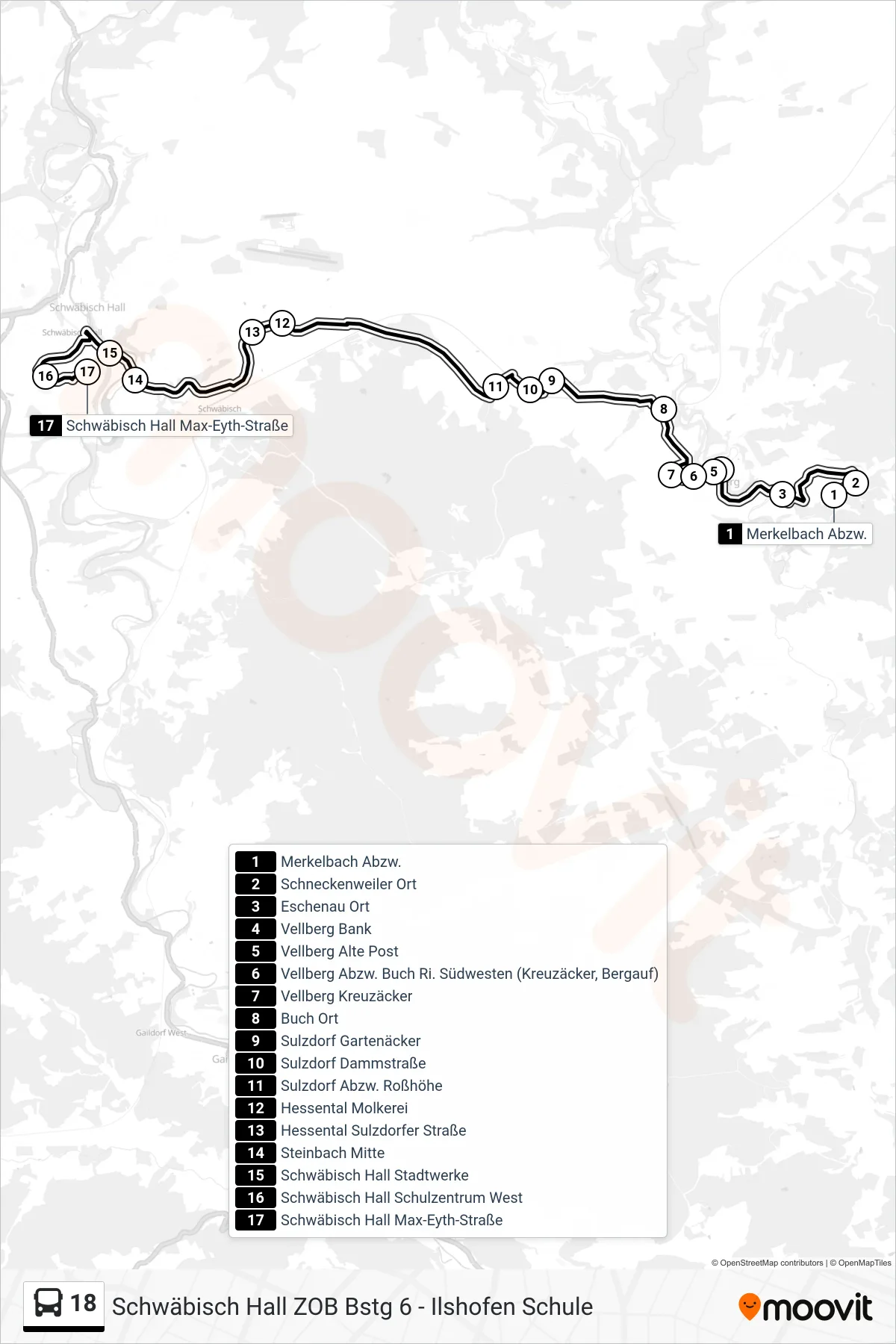 18 bus Line (Schwäbisch Hall Max-Eyth-Straße) route and stops on a map