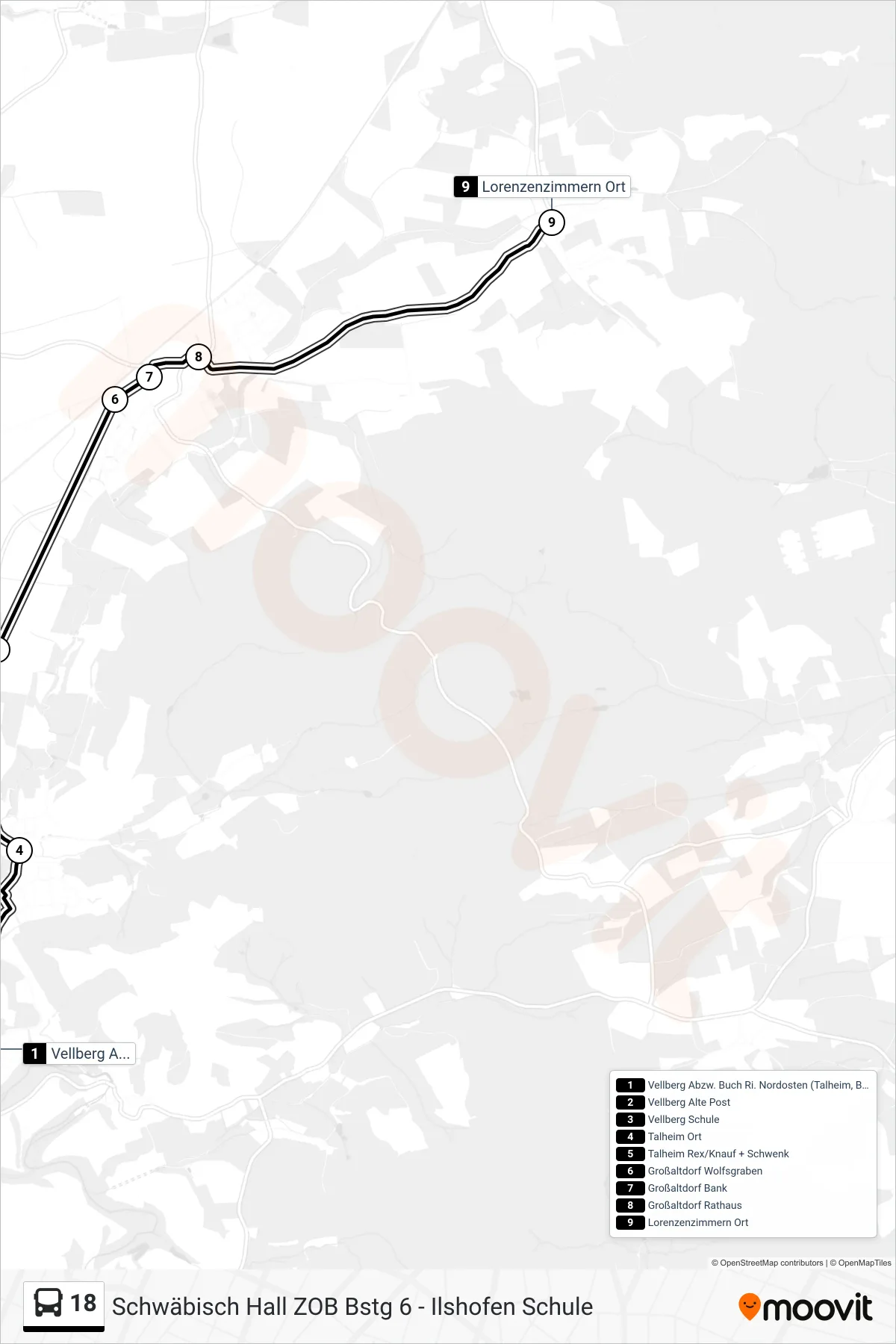 18 bus Line (Lorenzenzimmern Ort) route and stops on a map