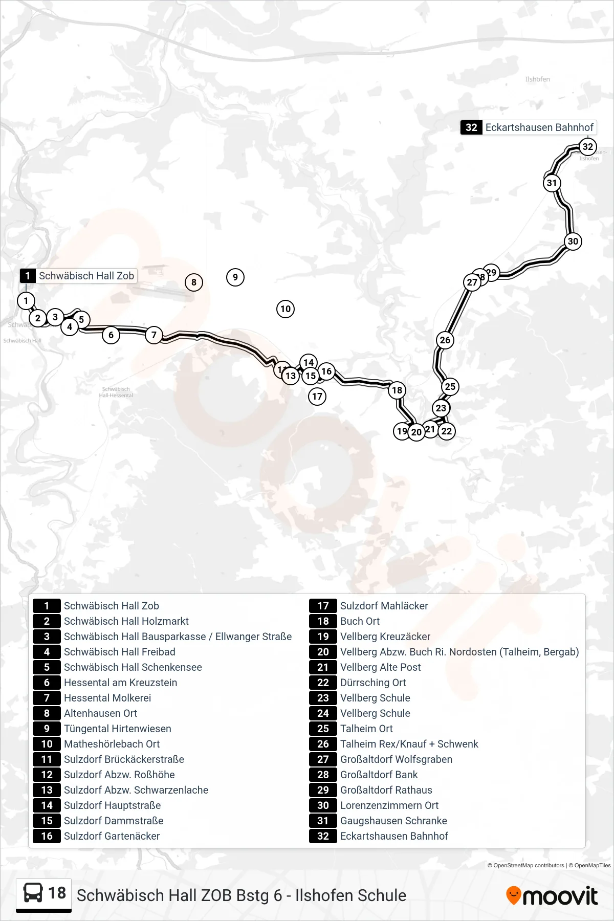 18 bus Line (Eckartshausen Bahnhof) route and stops on a map