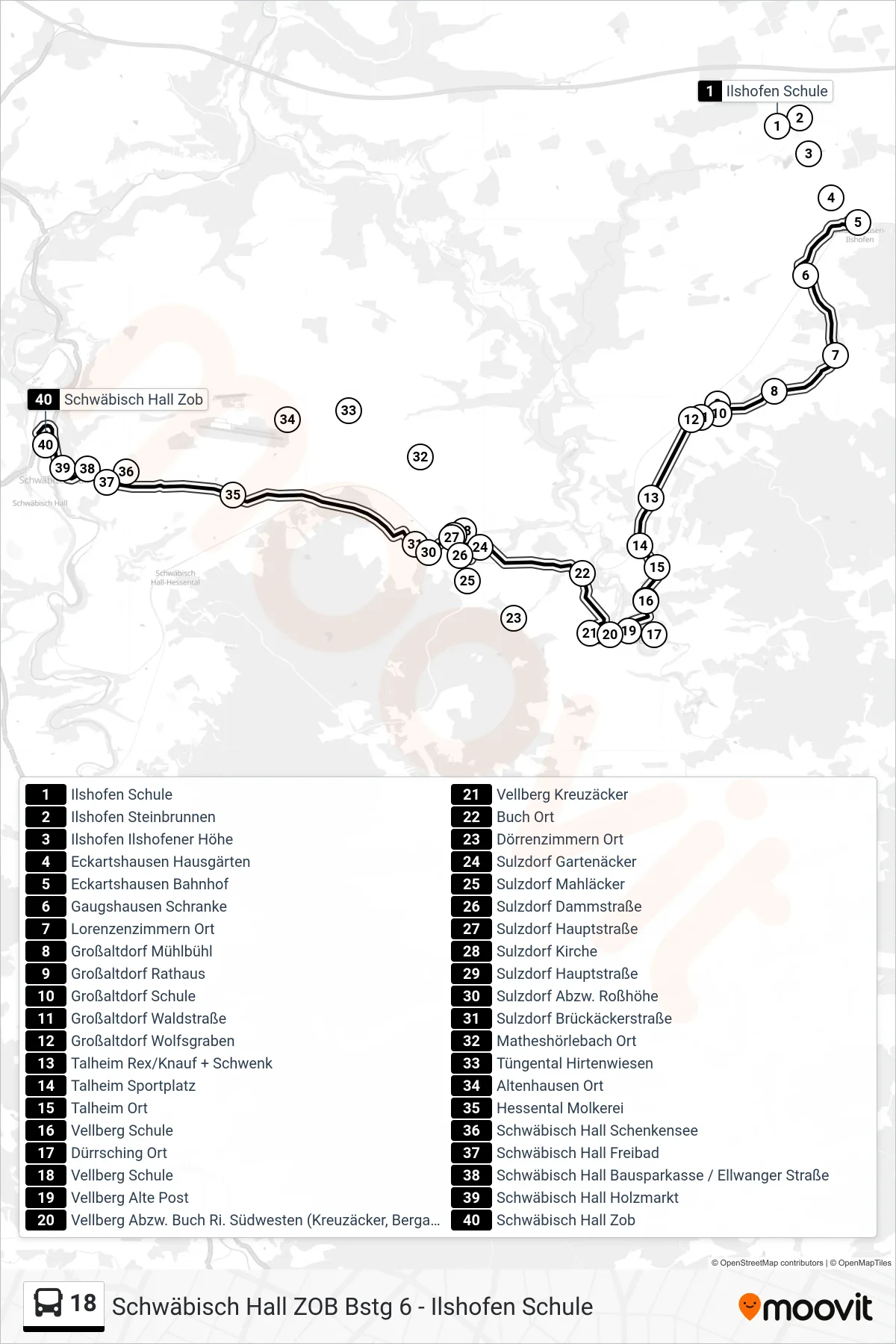 18 bus Line (Schwäbisch Hall Zob) route and stops on a map