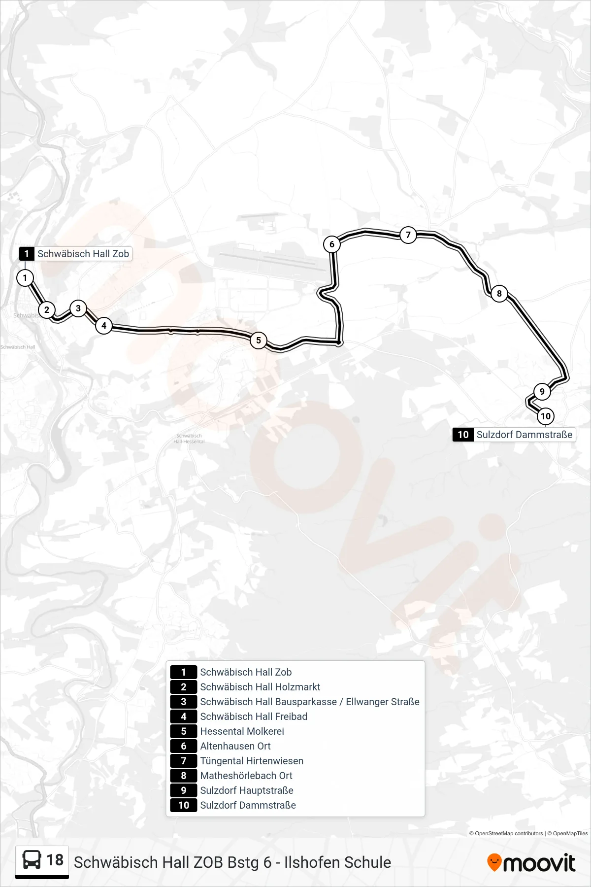 18 bus Line (Sulzdorf Dammstraße) route and stops on a map