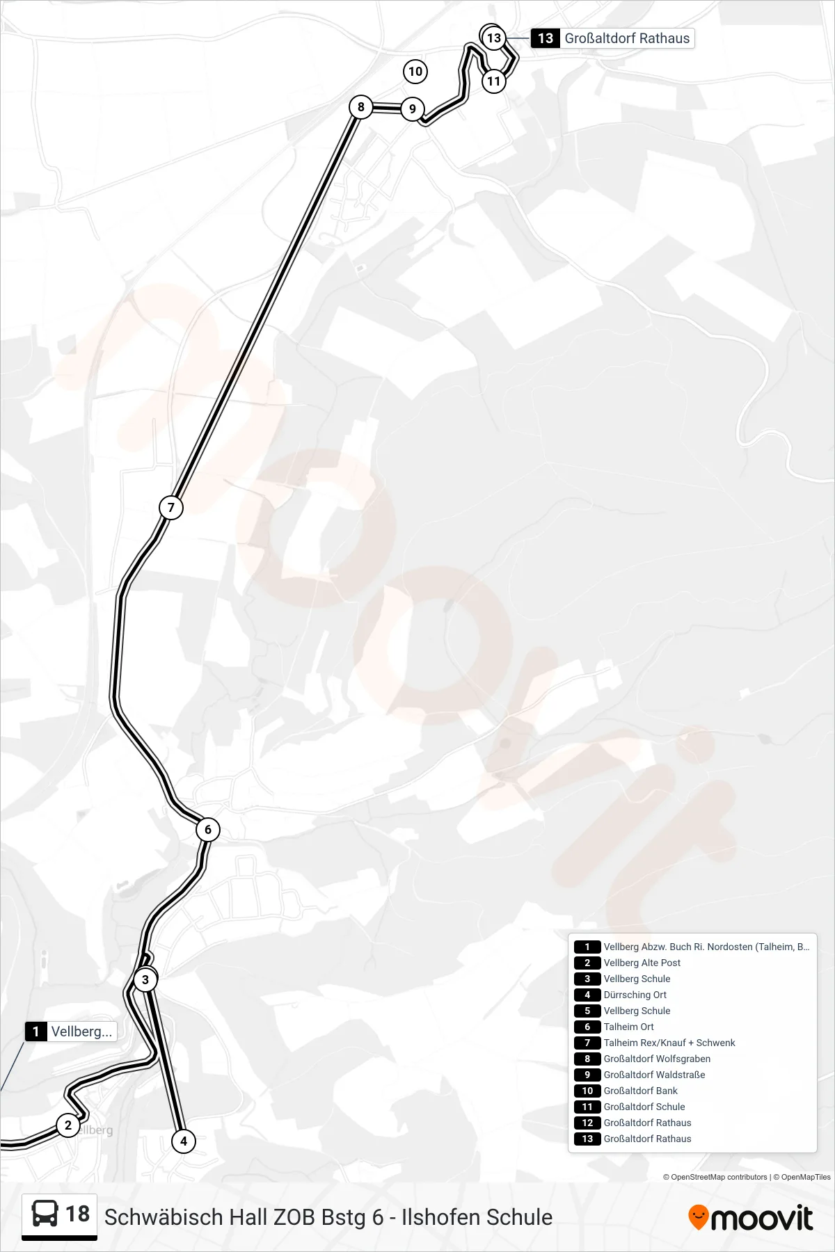 18 bus Line (Großaltdorf Rathaus) route and stops on a map