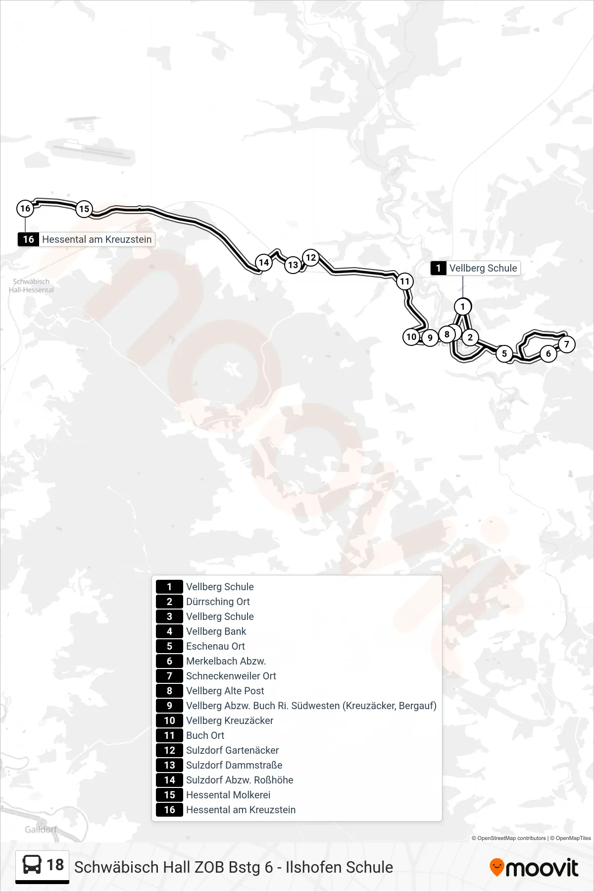18 bus Line (Hessental am Kreuzstein) route and stops on a map
