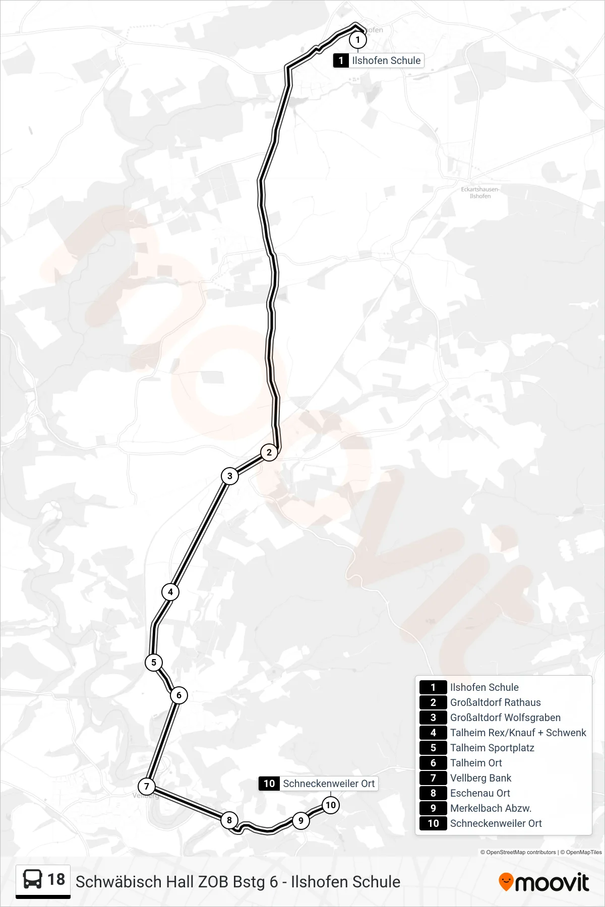 18 bus Line (Schneckenweiler Ort) route and stops on a map