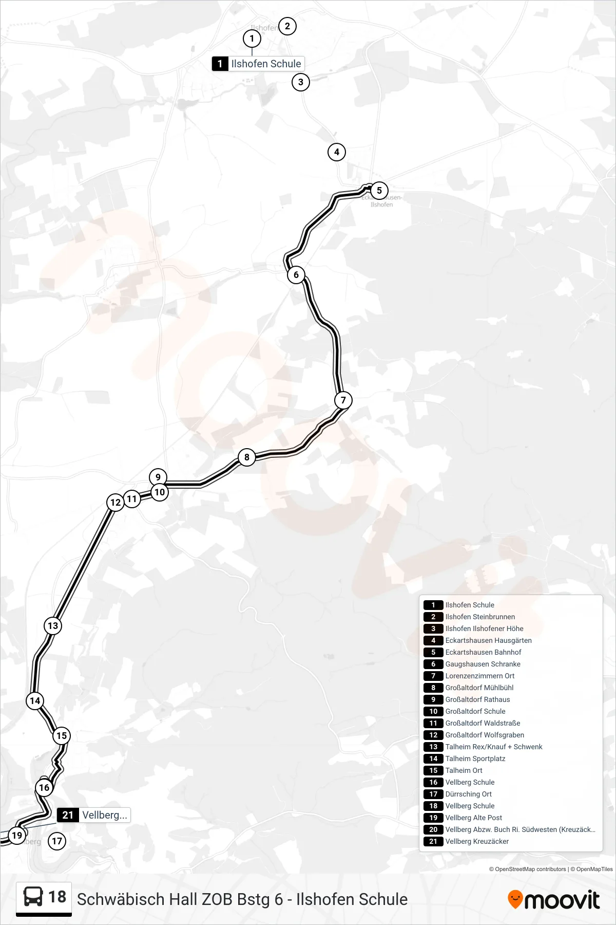 18 bus Line (Vellberg Kreuzäcker) route and stops on a map
