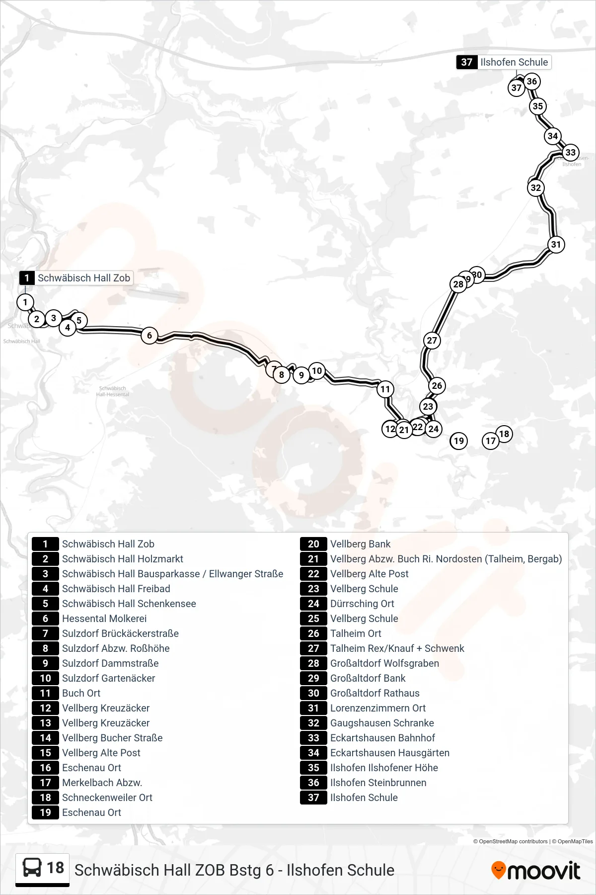 18 bus Line (Ilshofen Schule) route and stops on a map