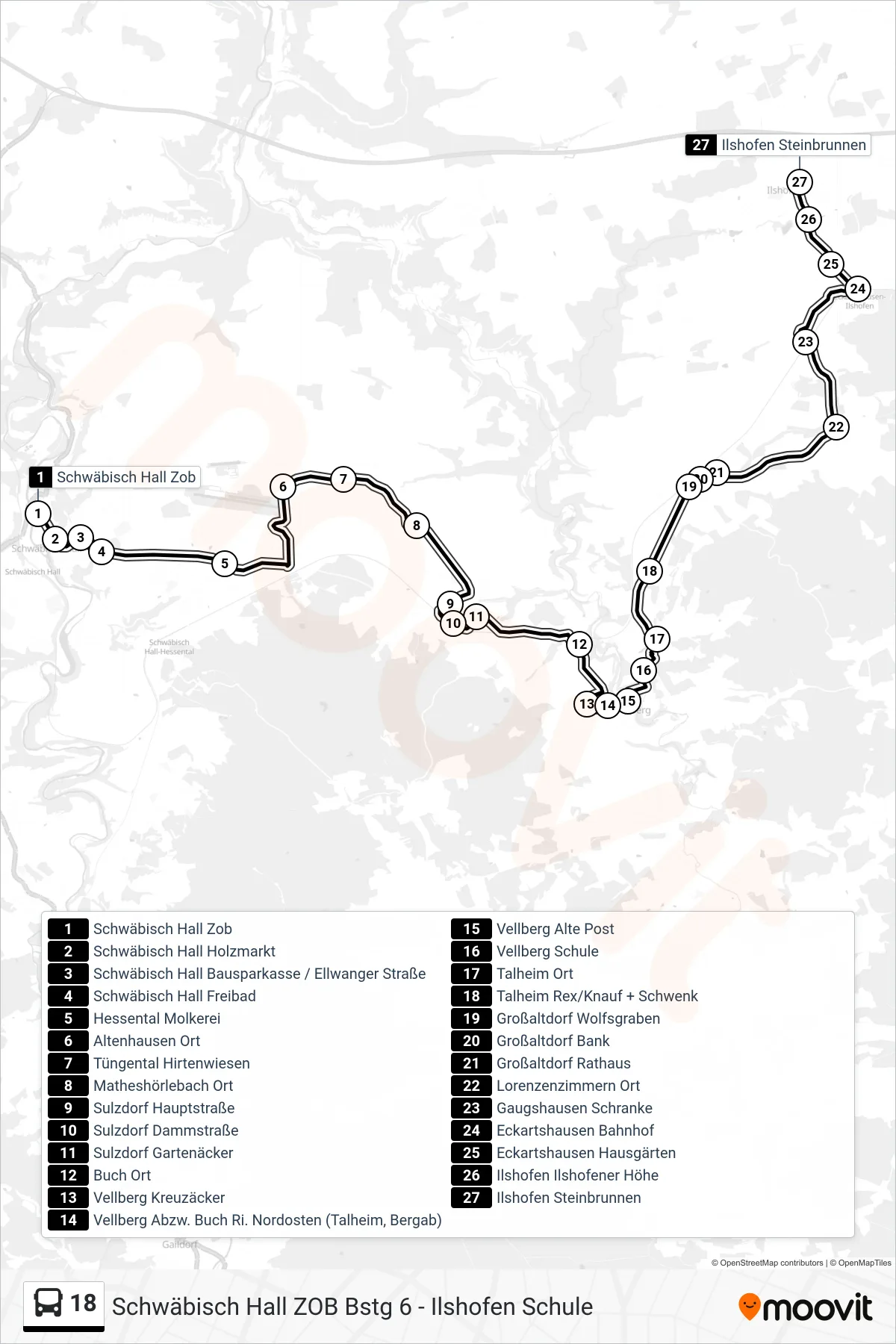 18 bus Line (Ilshofen Steinbrunnen) route and stops on a map