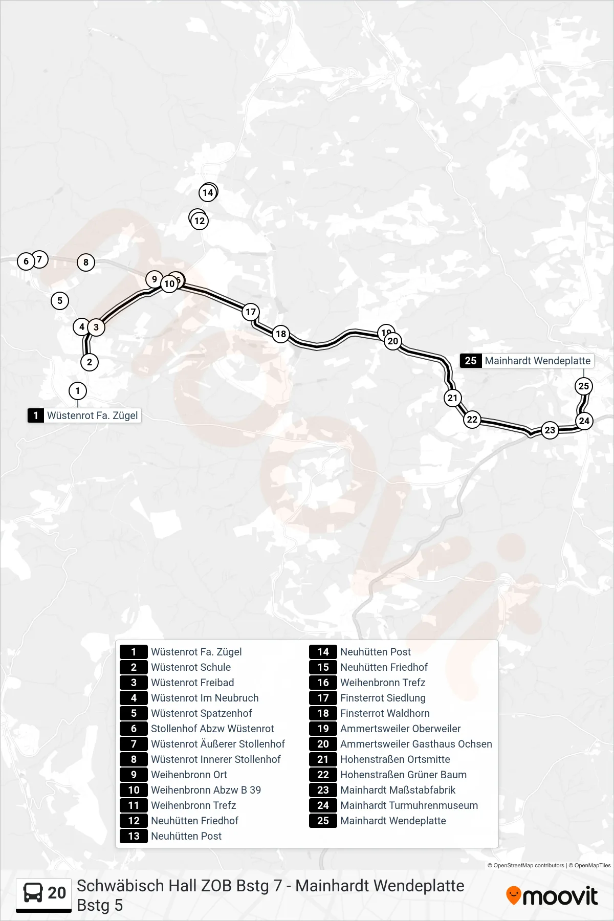 20 bus Line (Mainhardt Wendeplatte) route and stops on a map
