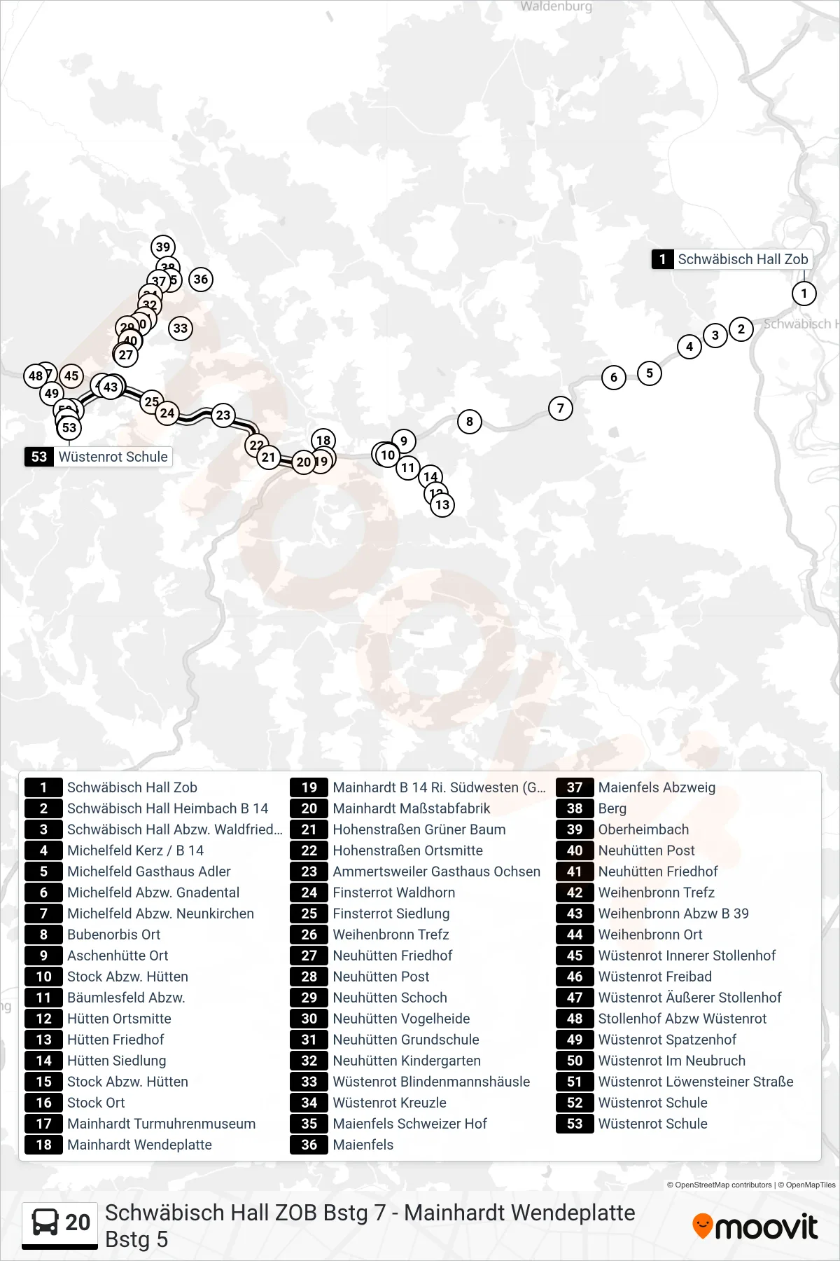 20 bus Line (Wüstenrot Schule) route and stops on a map