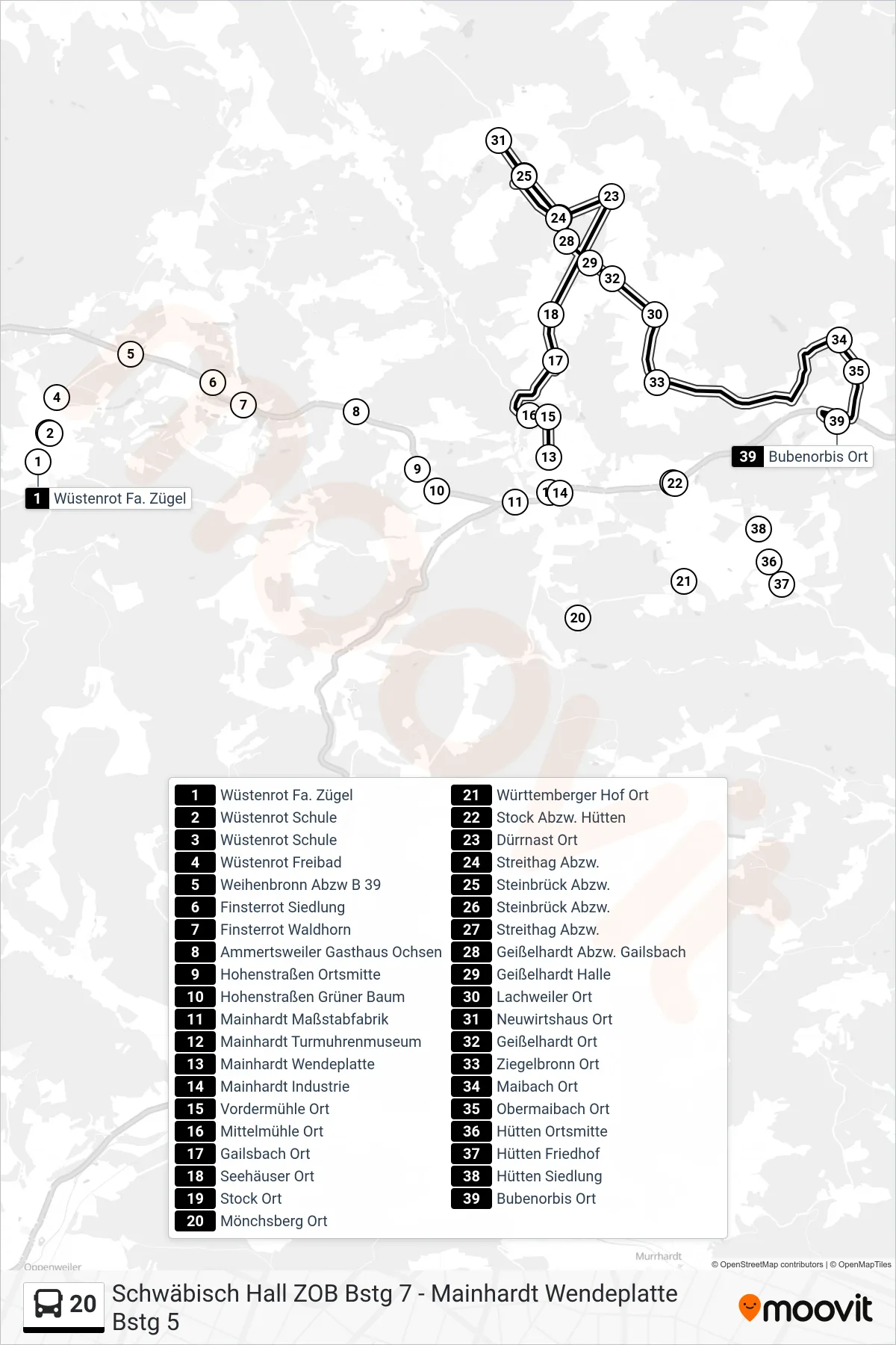 20 bus Line (Bubenorbis Ort) route and stops on a map