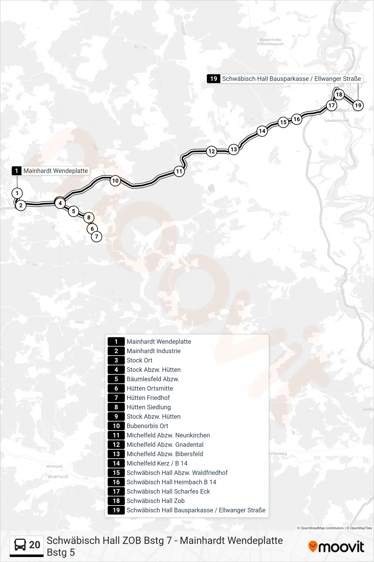 20 bus Line (Schwäbisch Hall Bausparkasse / Ellwanger Straße) route and stops on a map