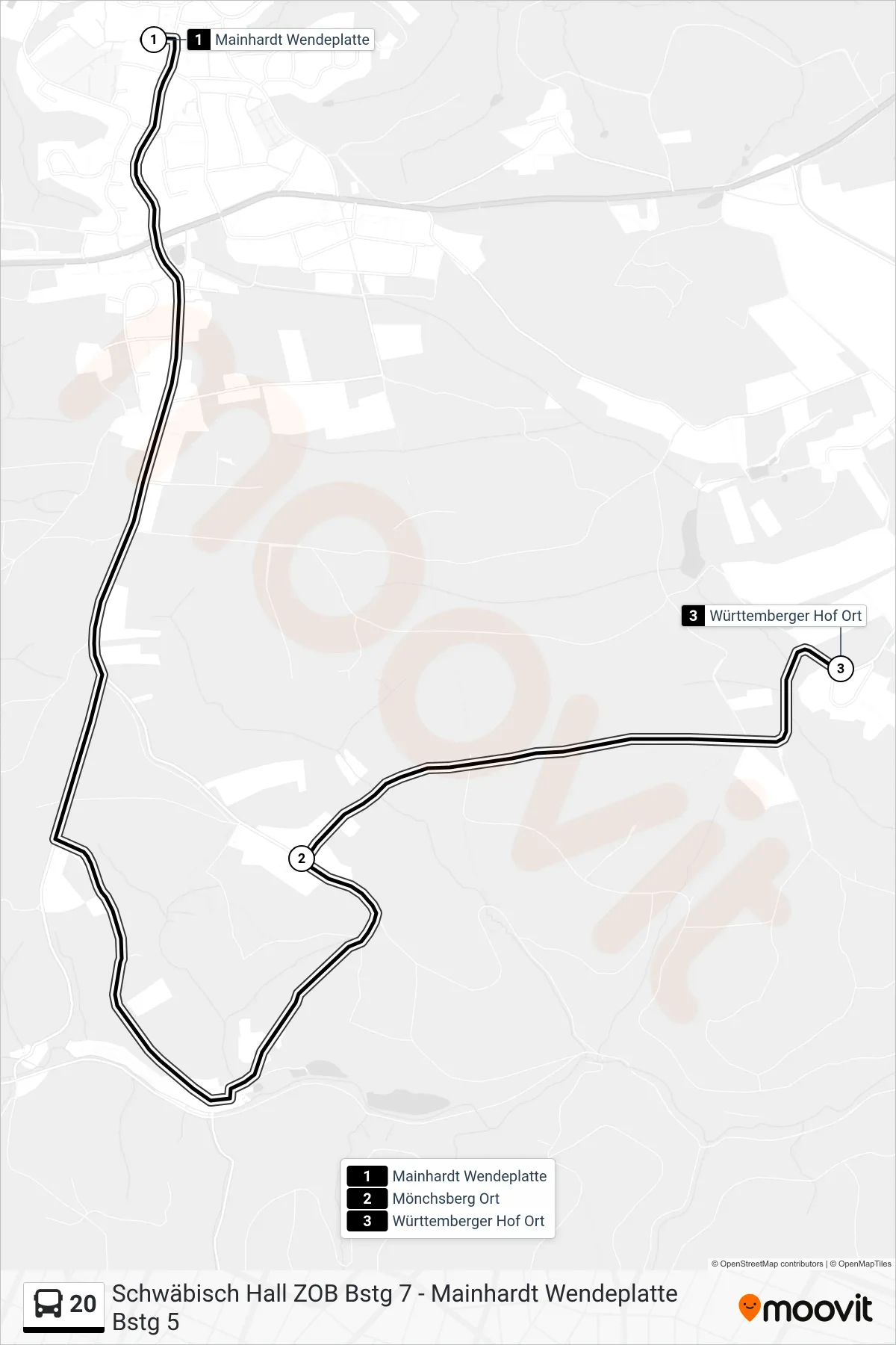 20 bus Line (Württemberger Hof Ort) route and stops on a map