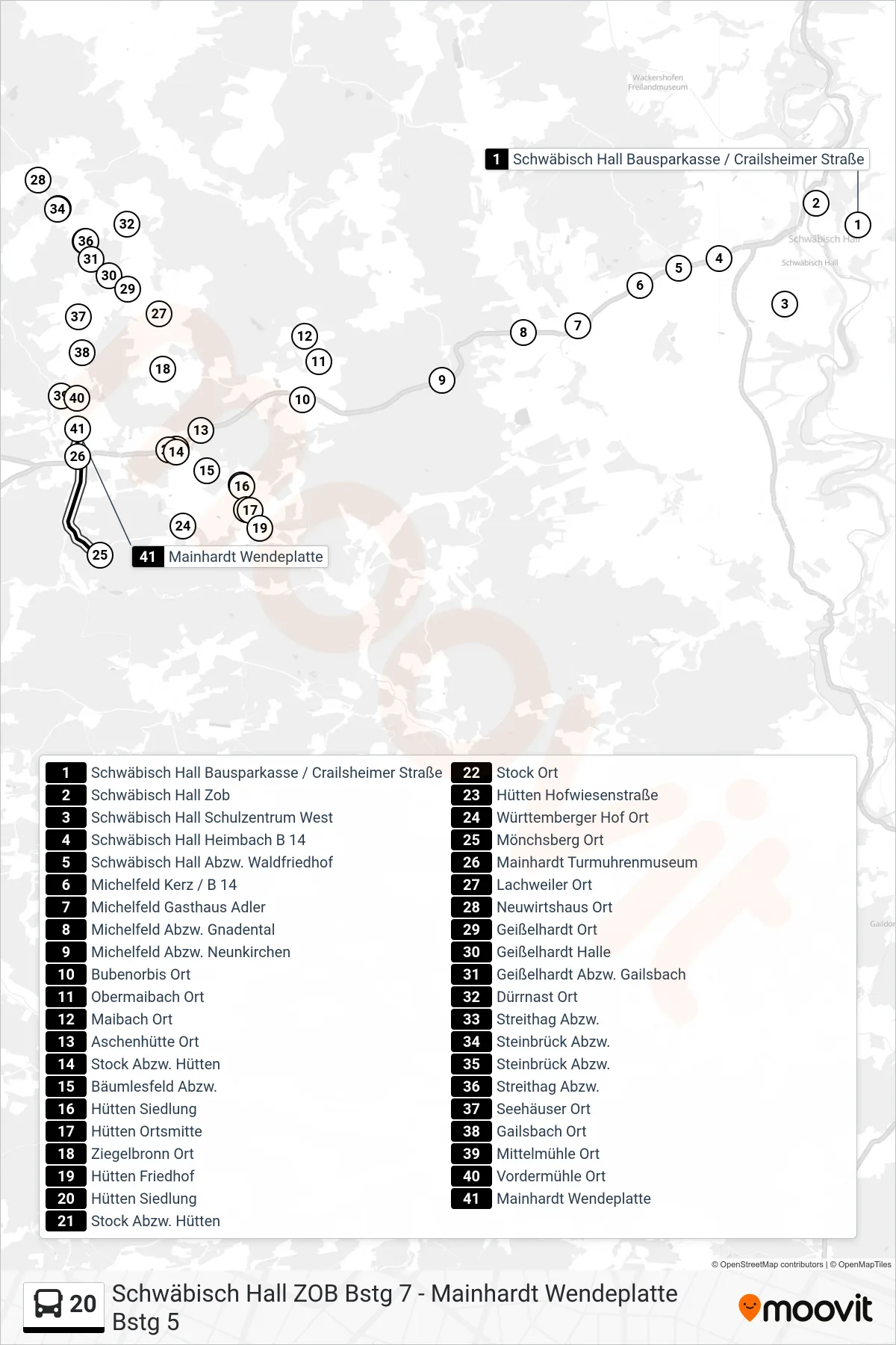 20 bus Line (Mainhardt Wendeplatte) route and stops on a map