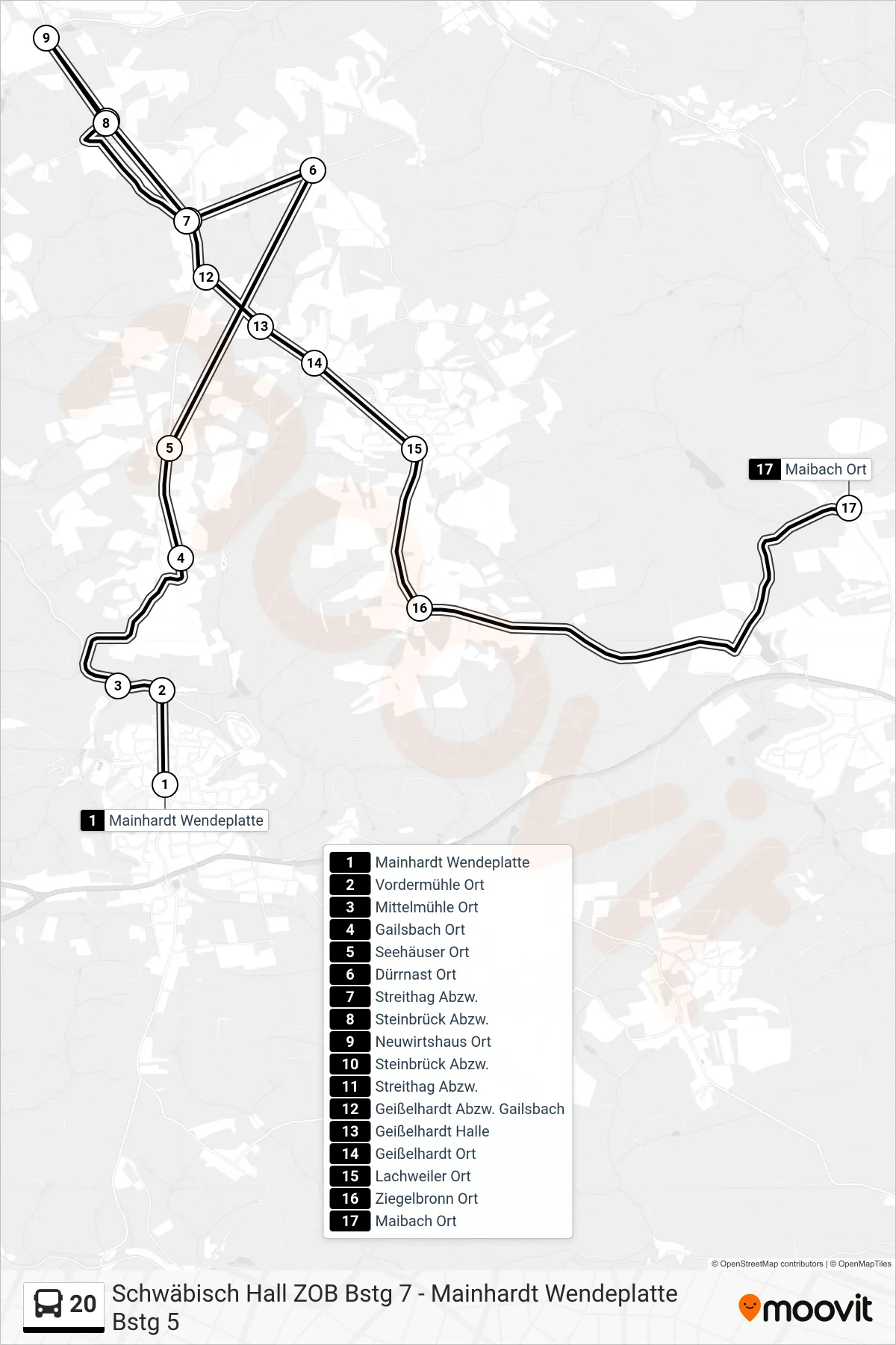 Linie 20 (Bus) Richtung Maibach Ort: Route und Haltestellen auf der Karte