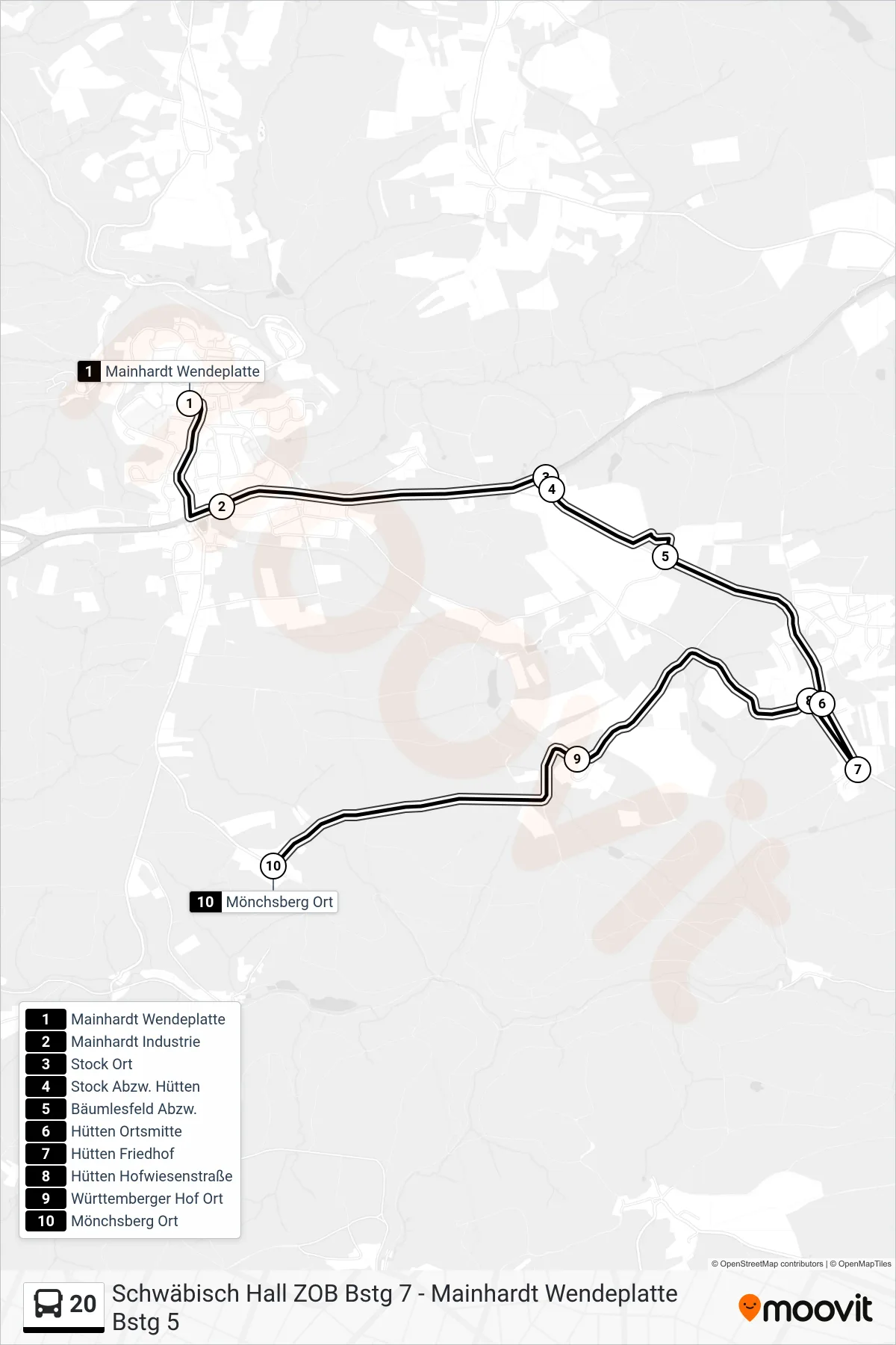 20 bus Line (Mönchsberg Ort) route and stops on a map