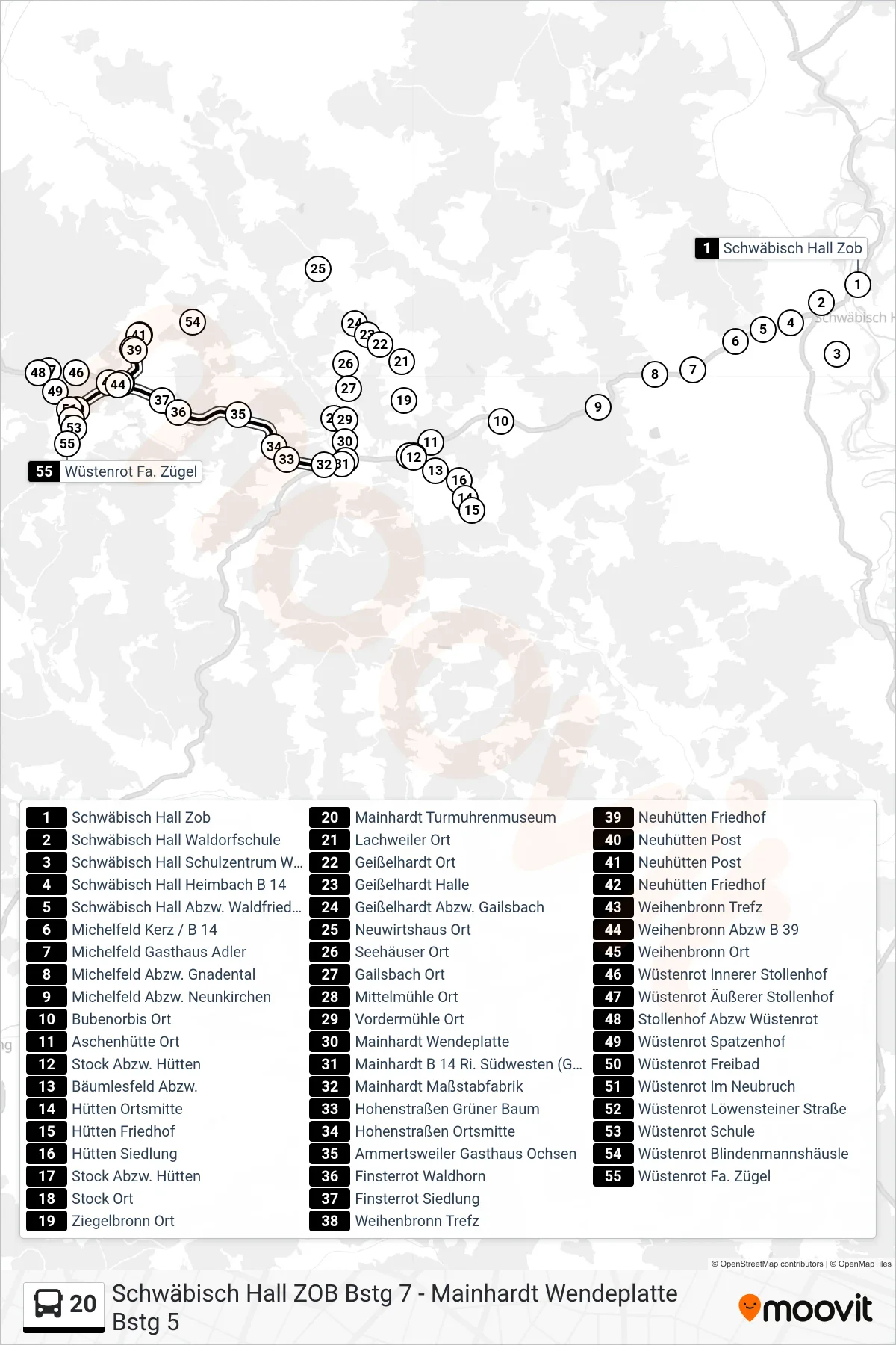 20 bus Line (Wüstenrot Fa. Zügel) route and stops on a map