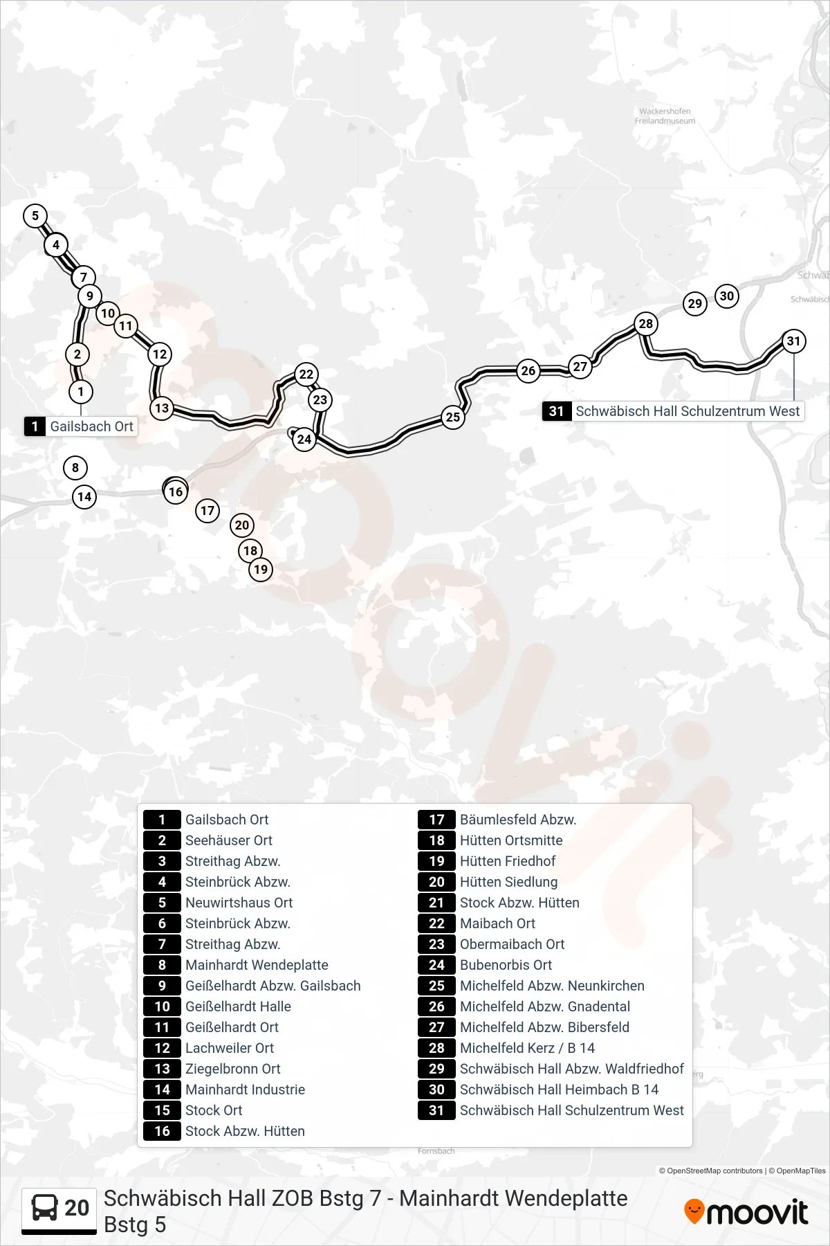20 bus Line (Schwäbisch Hall Schulzentrum West) route and stops on a map