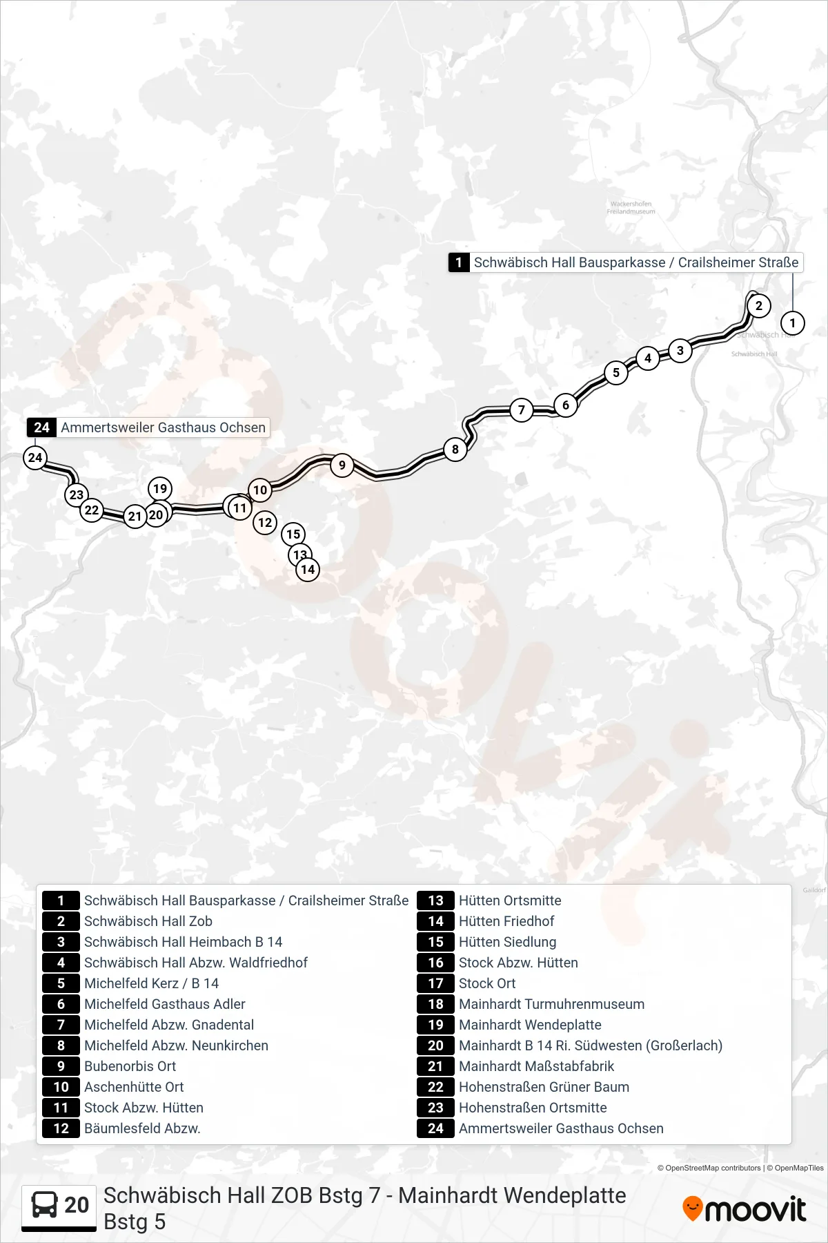 20 bus Line (Ammertsweiler Gasthaus Ochsen) route and stops on a map