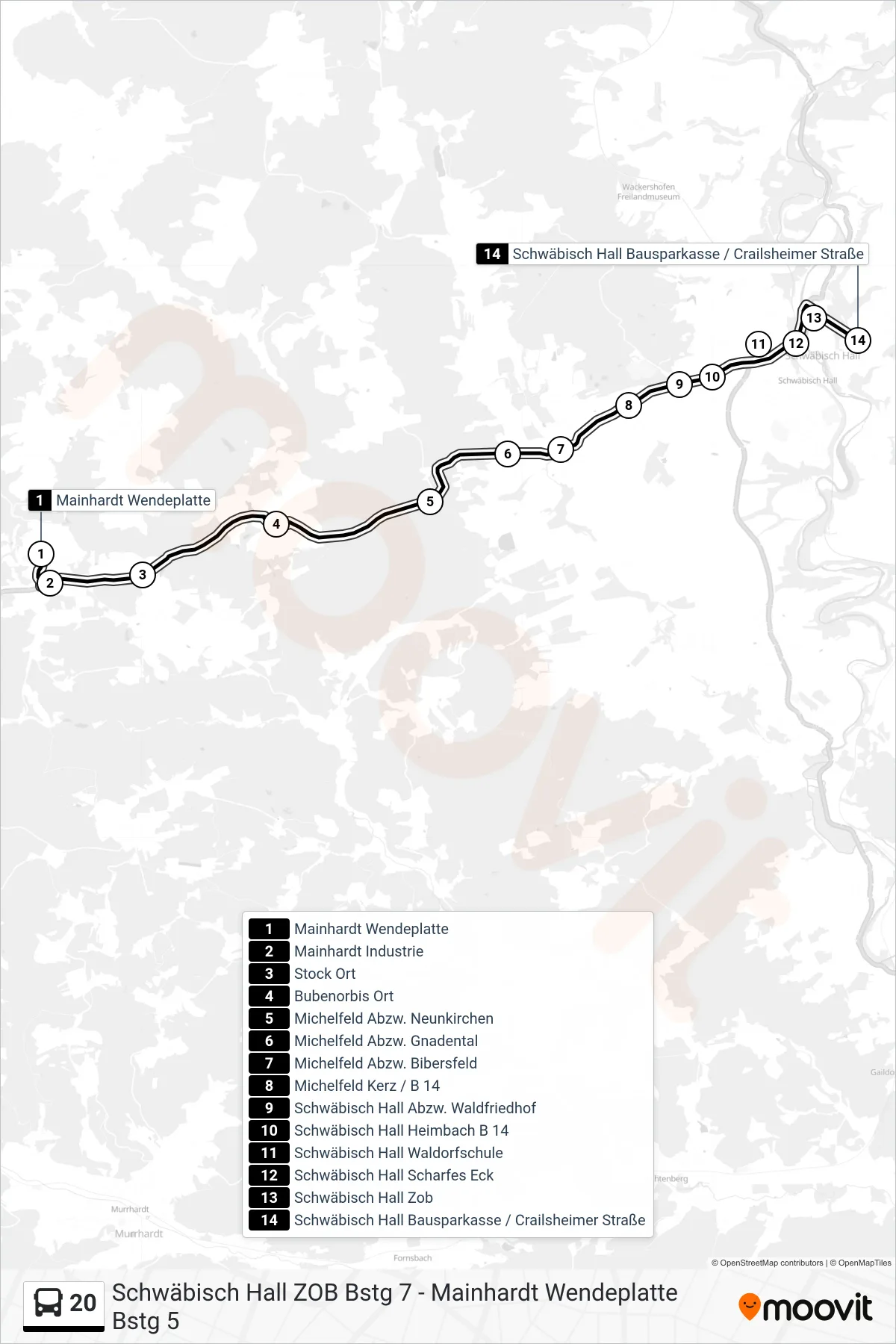 20 bus Line (Schwäbisch Hall Bausparkasse / Crailsheimer Straße) route and stops on a map