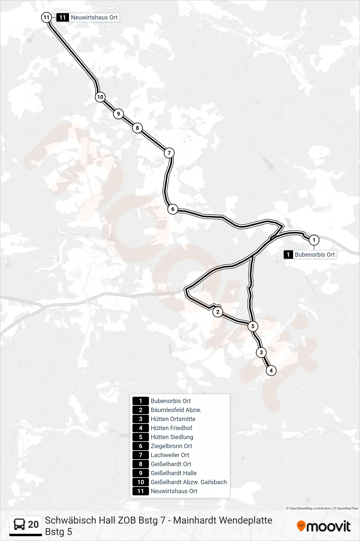 20 bus Line (Neuwirtshaus Ort) route and stops on a map