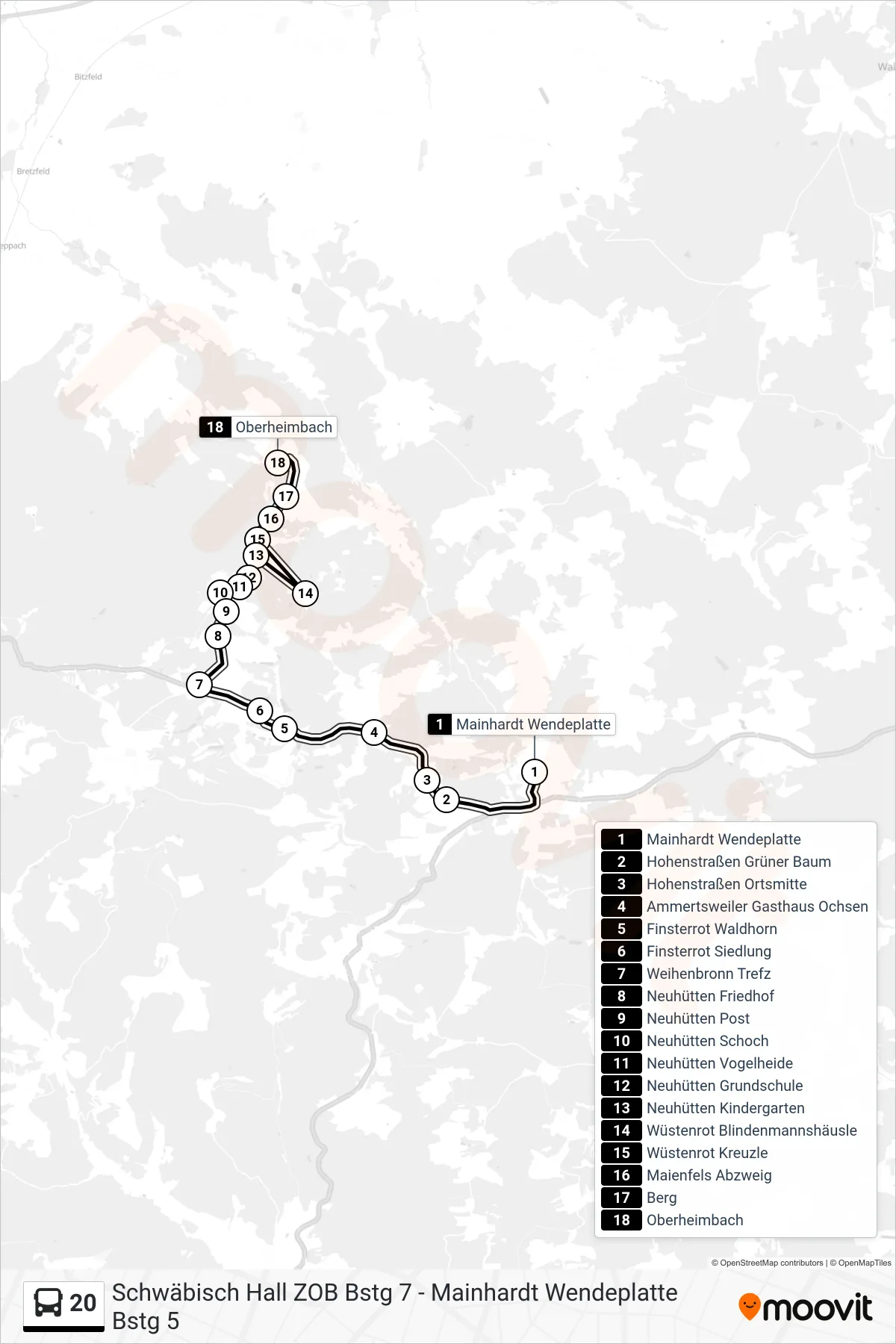 20 bus Line (Oberheimbach) route and stops on a map