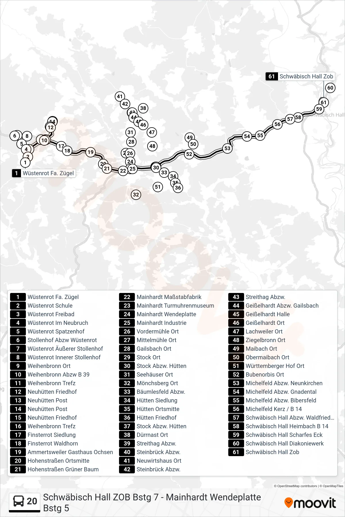 20 bus Line (Schwäbisch Hall Zob) route and stops on a map