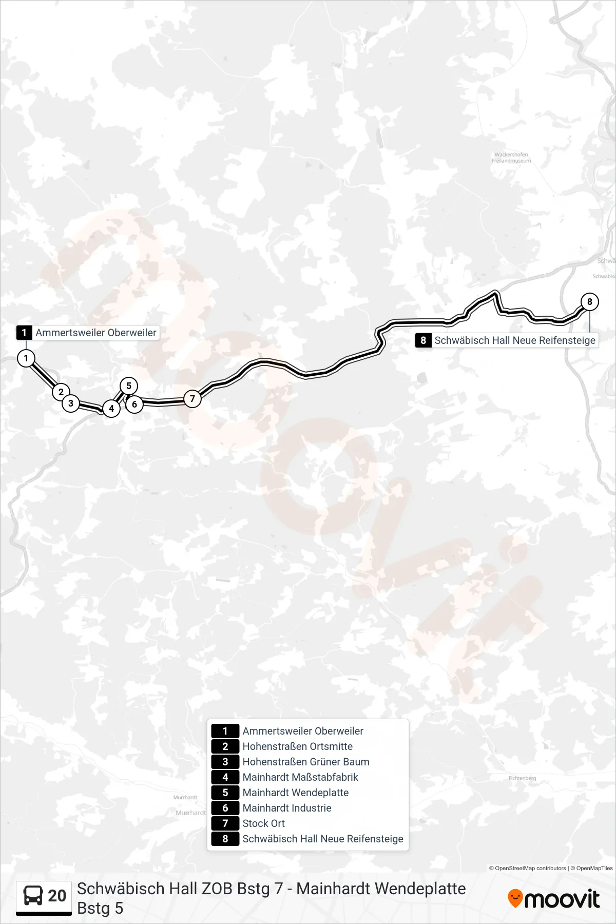 20 bus Line (Schwäbisch Hall Neue Reifensteige) route and stops on a map