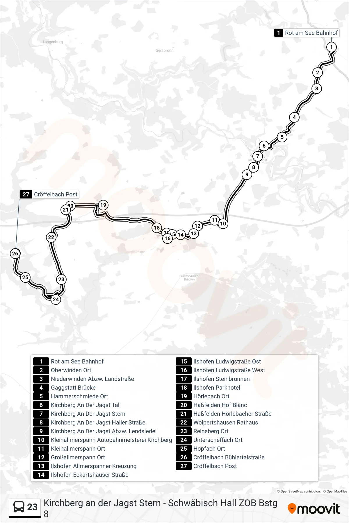 23 bus Line (Cröffelbach Post) route and stops on a map