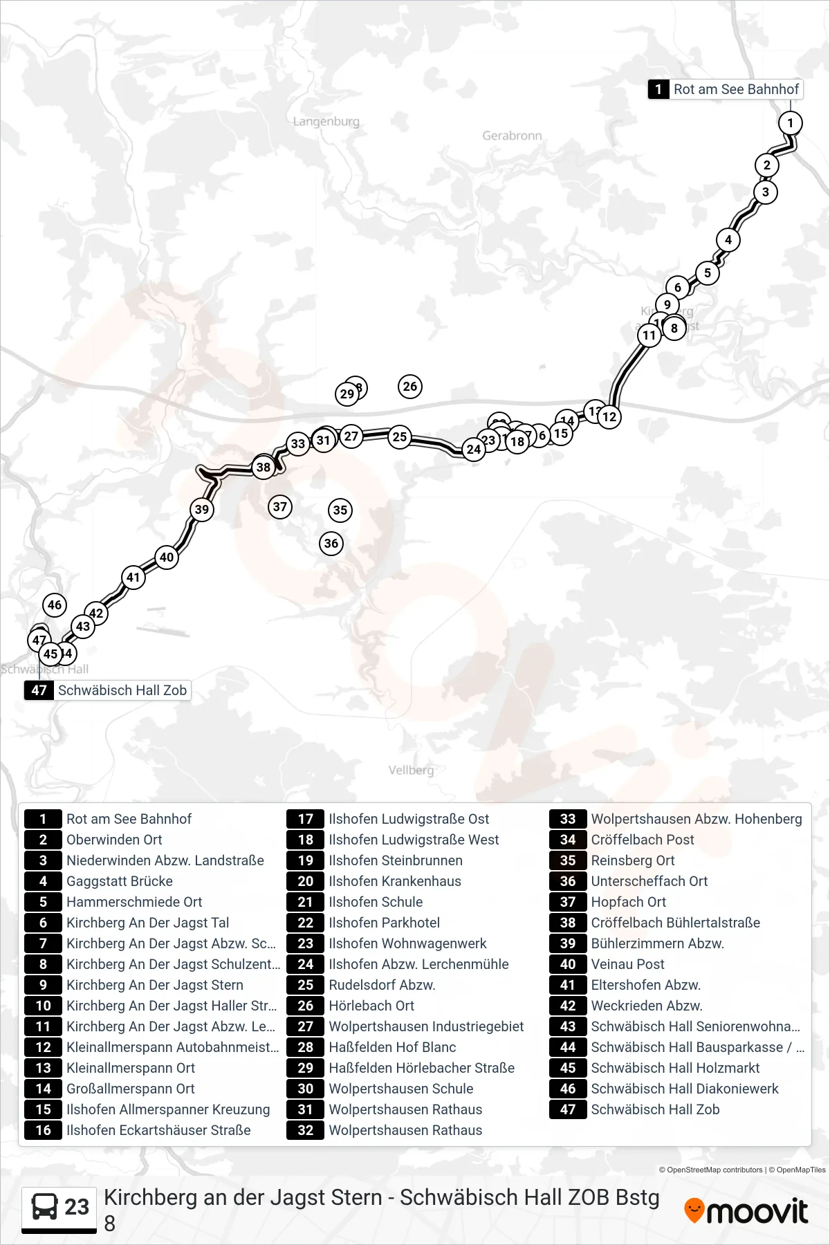 23 bus Line (Schwäbisch Hall Zob) route and stops on a map
