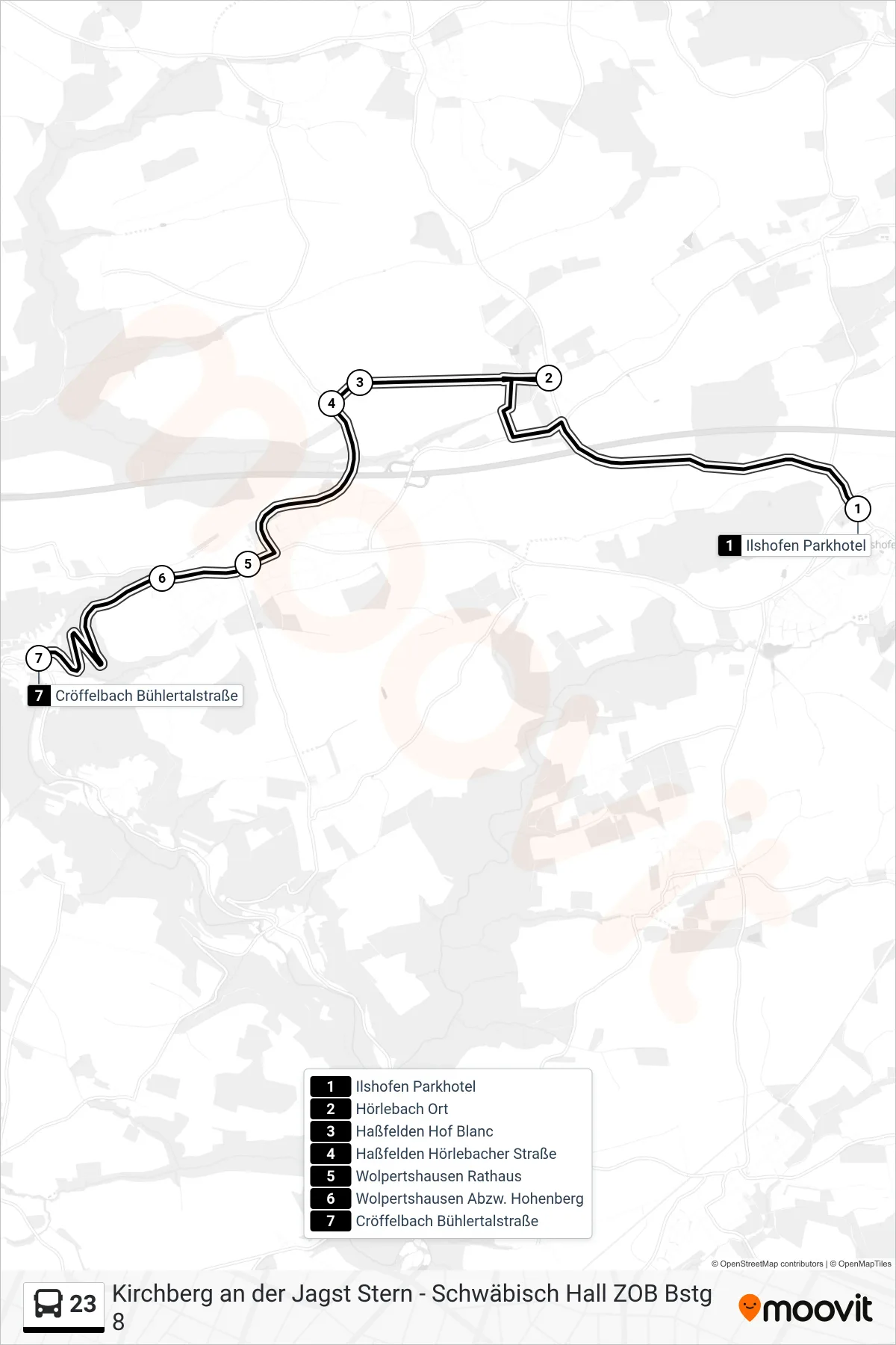 23 bus Line (Cröffelbach Bühlertalstraße) route and stops on a map