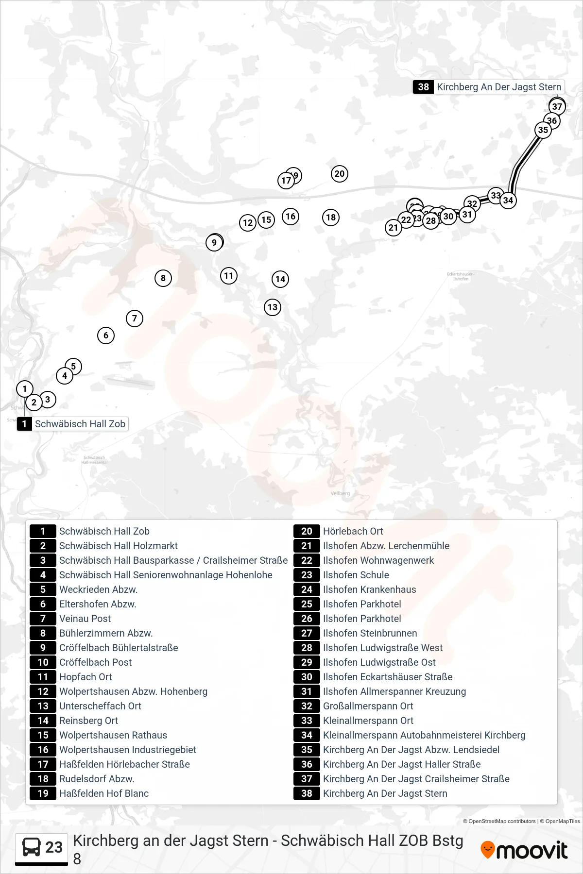 23 bus Line (Kirchberg An Der Jagst Stern) route and stops on a map