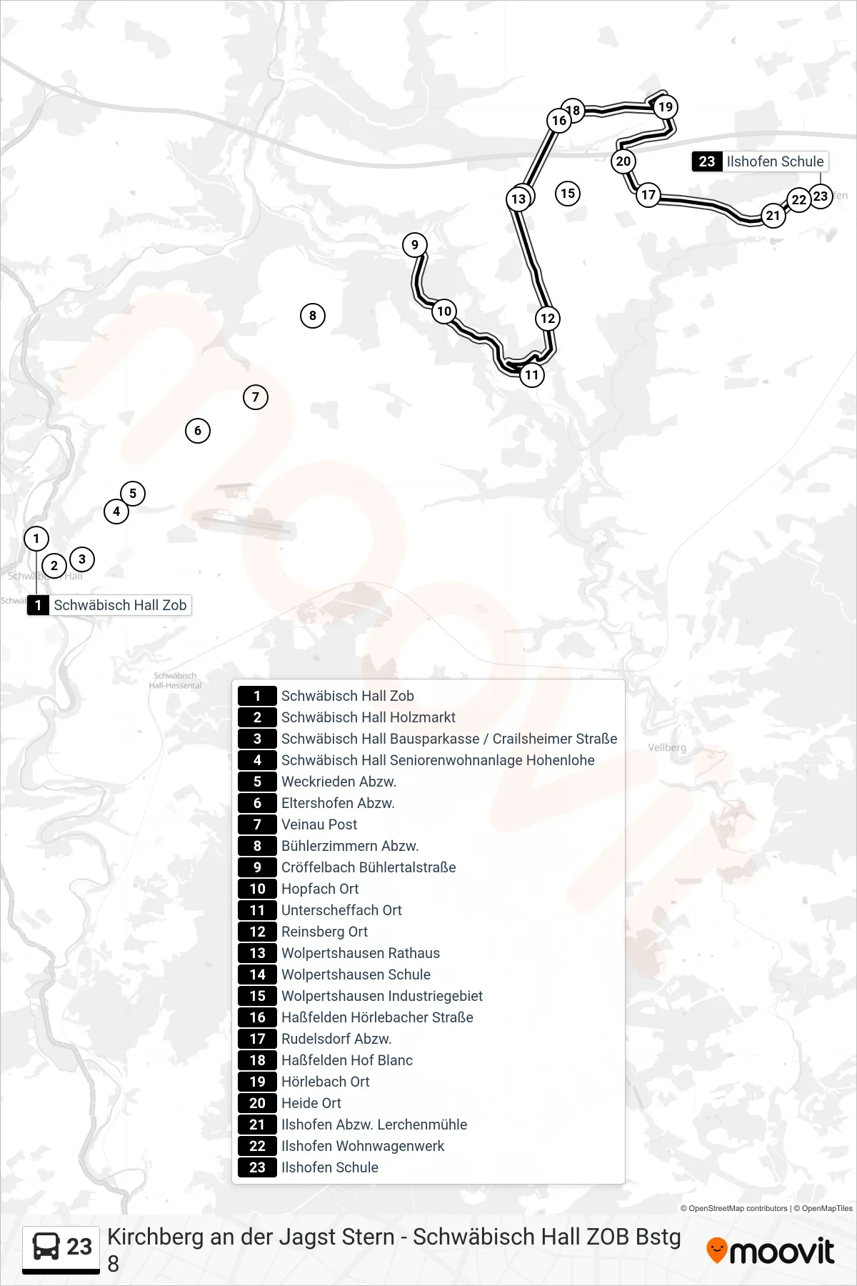 23 bus Line (Ilshofen Schule) route and stops on a map
