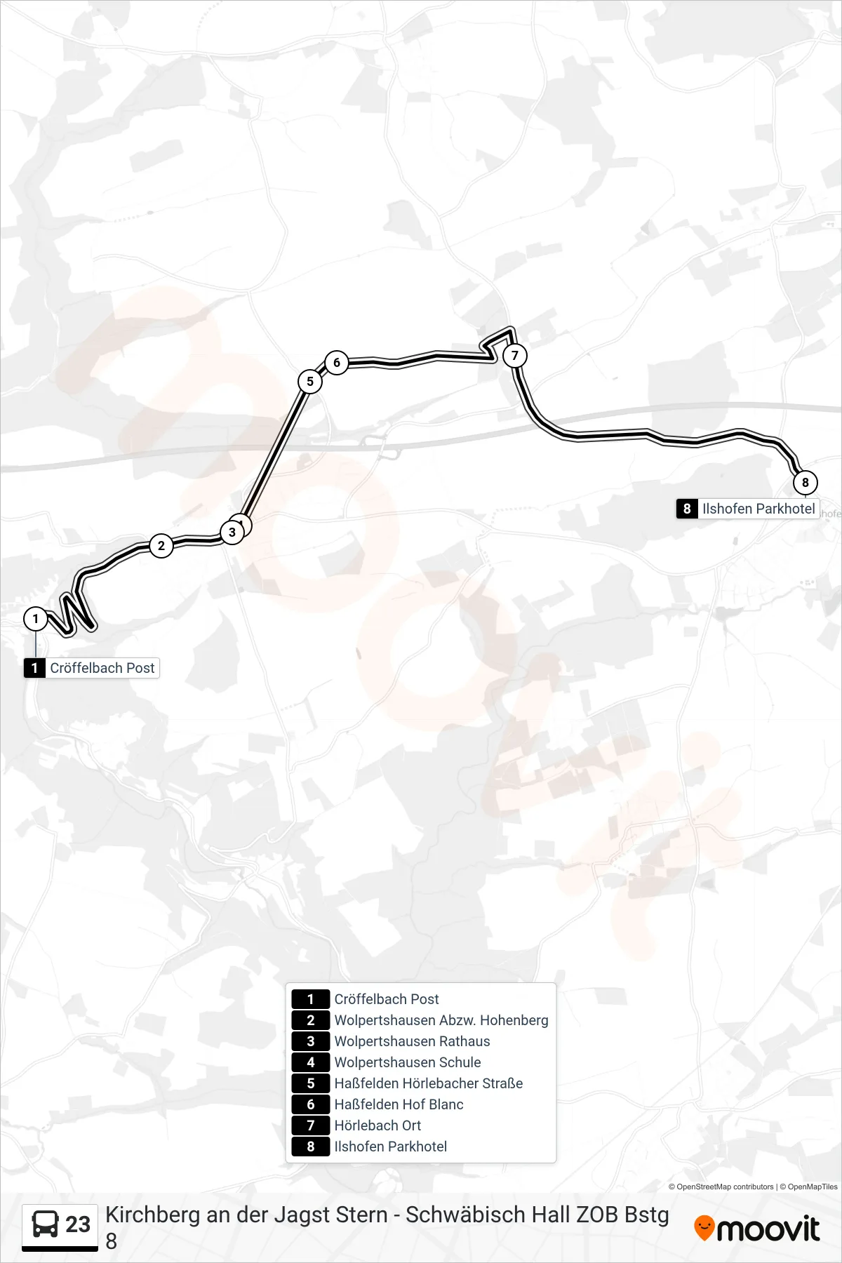 Linie 23 (Bus) Richtung Ilshofen Parkhotel: Route und Haltestellen auf der Karte