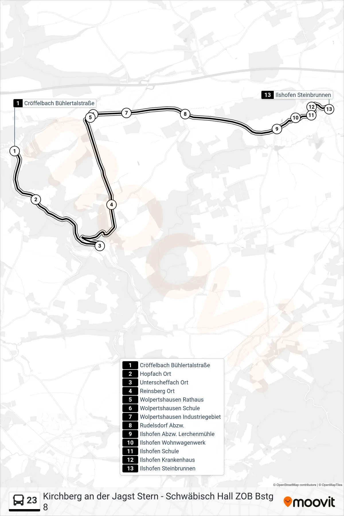 23 bus Line (Ilshofen Steinbrunnen) route and stops on a map