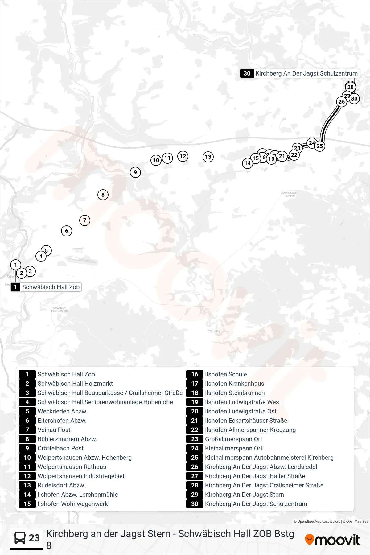 23 bus Line (Kirchberg An Der Jagst Schulzentrum) route and stops on a map