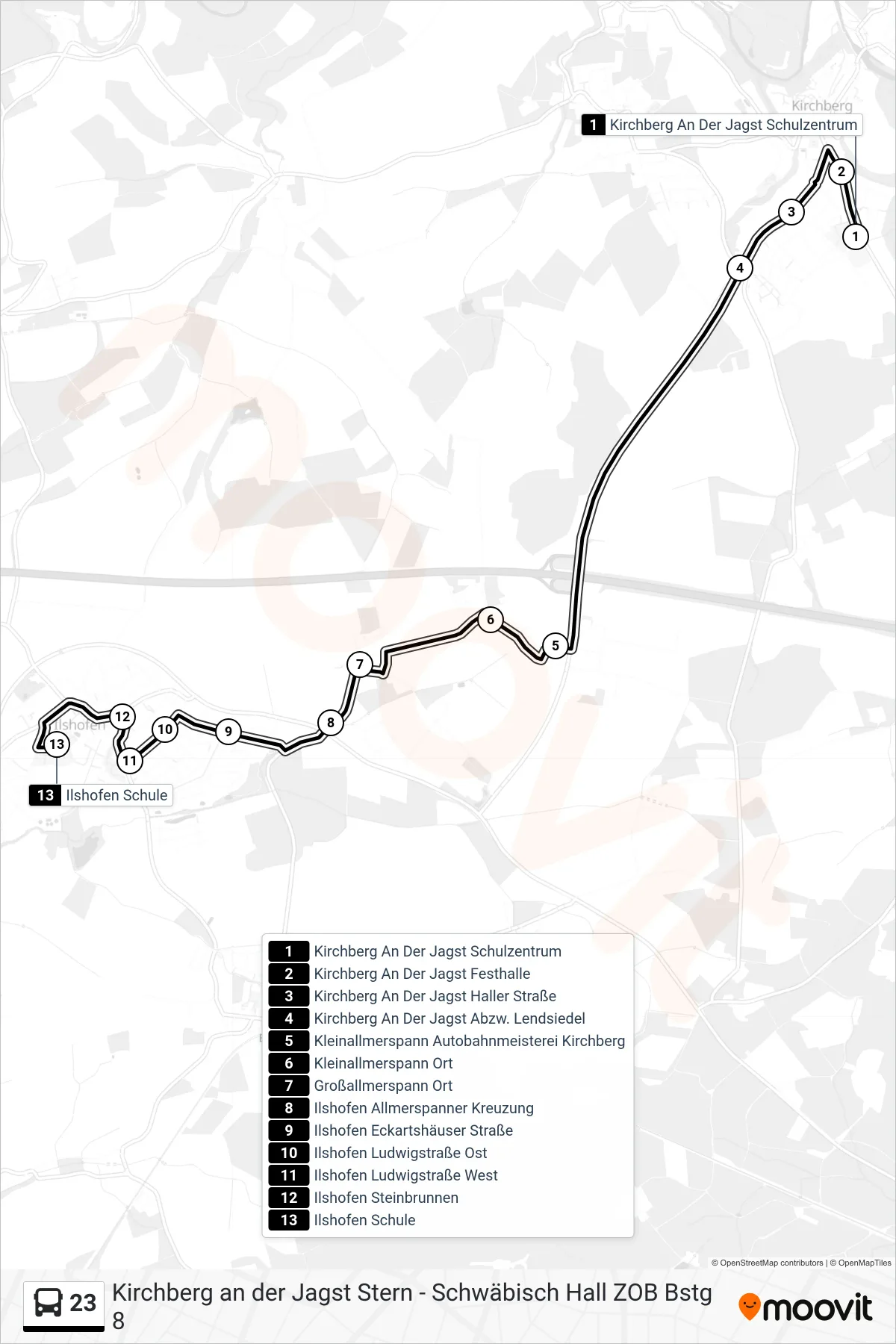 23 bus Line (Ilshofen Schule) route and stops on a map