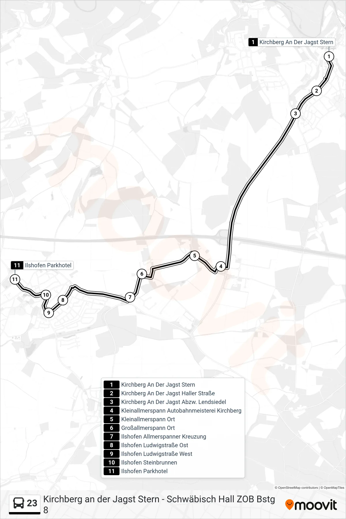23 bus Line (Ilshofen Parkhotel) route and stops on a map