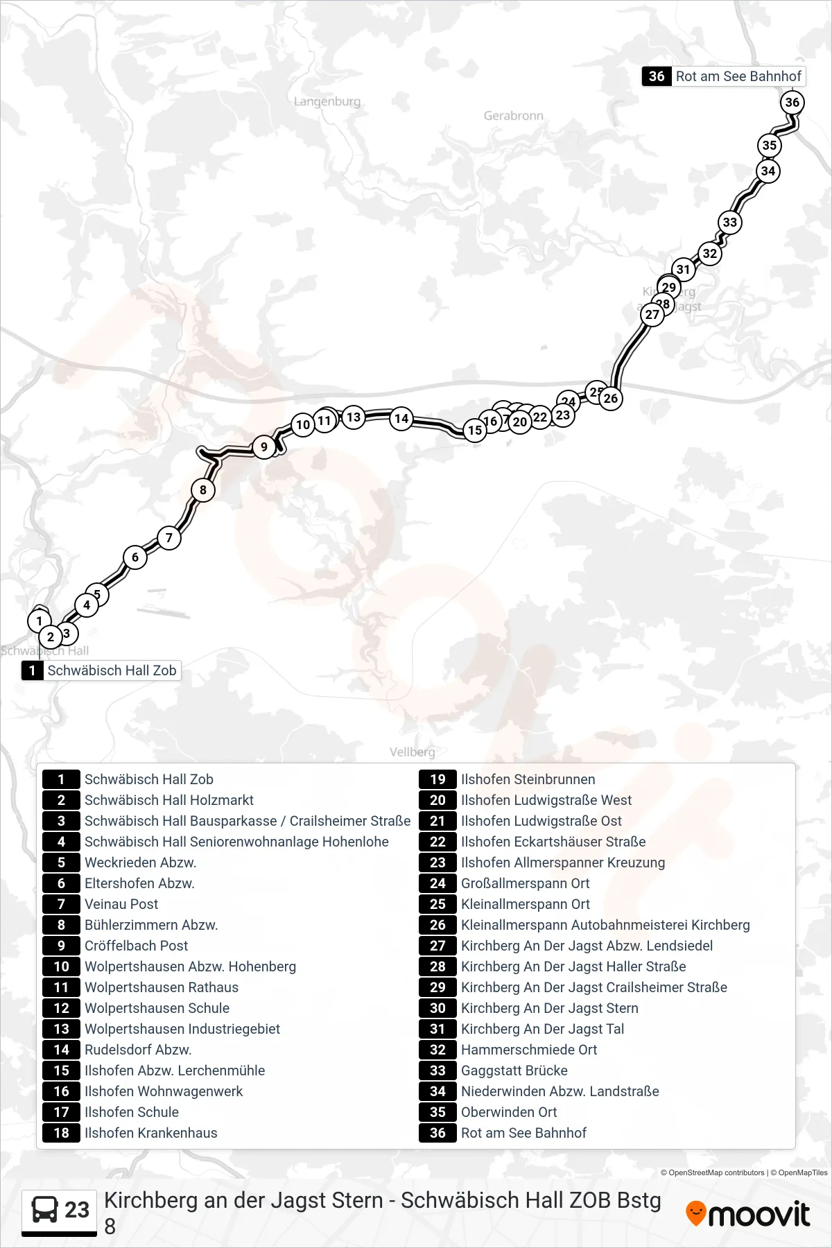 23 bus Line (Rot am See Bahnhof) route and stops on a map