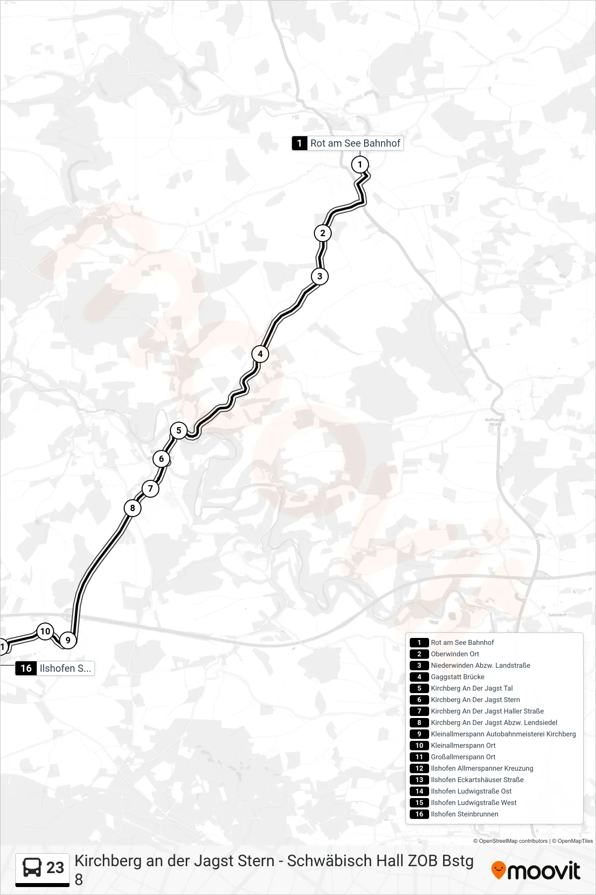 23 bus Line (Ilshofen Steinbrunnen) route and stops on a map