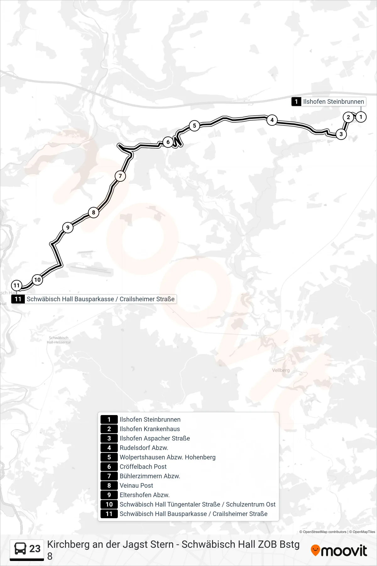 23 bus Line (Schwäbisch Hall Bausparkasse / Crailsheimer Straße) route and stops on a map