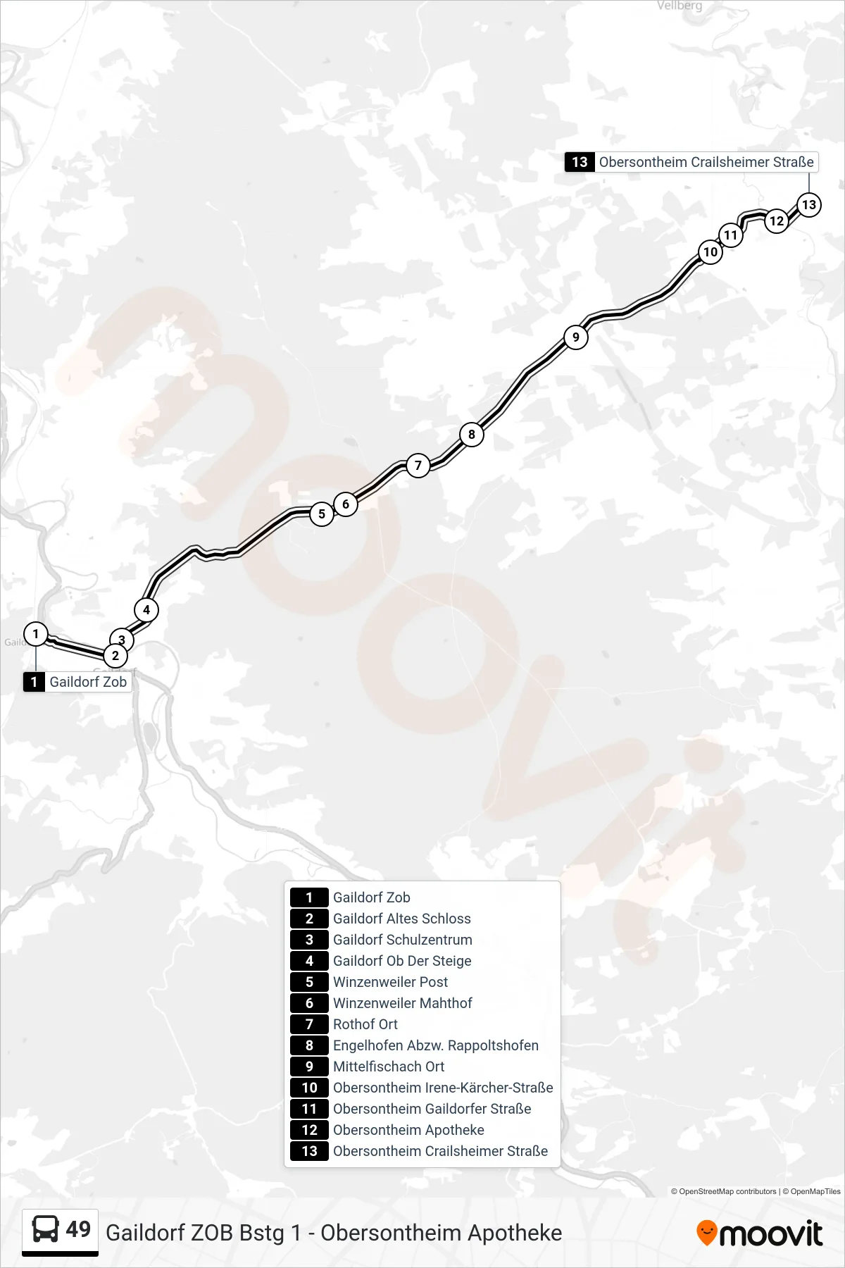 49 bus Line (Obersontheim Crailsheimer Straße) route and stops on a map