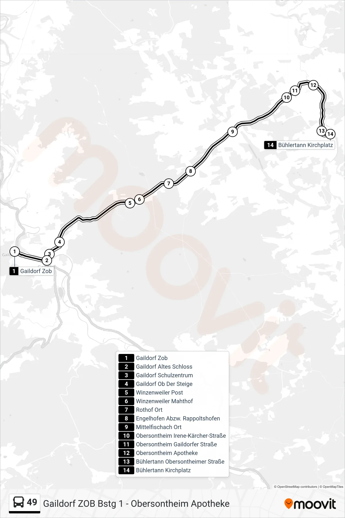 49 bus Line (Bühlertann Kirchplatz) route and stops on a map