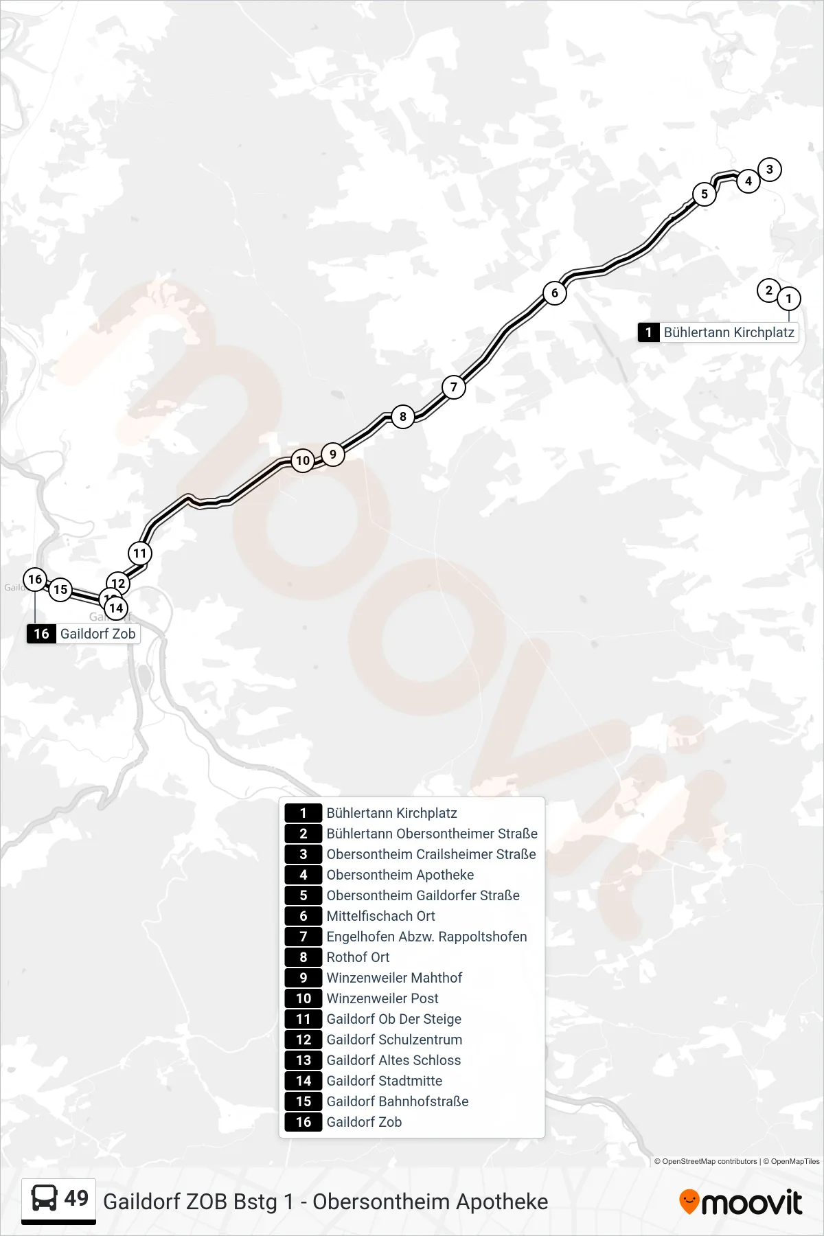 49 bus Line (Gaildorf Zob) route and stops on a map
