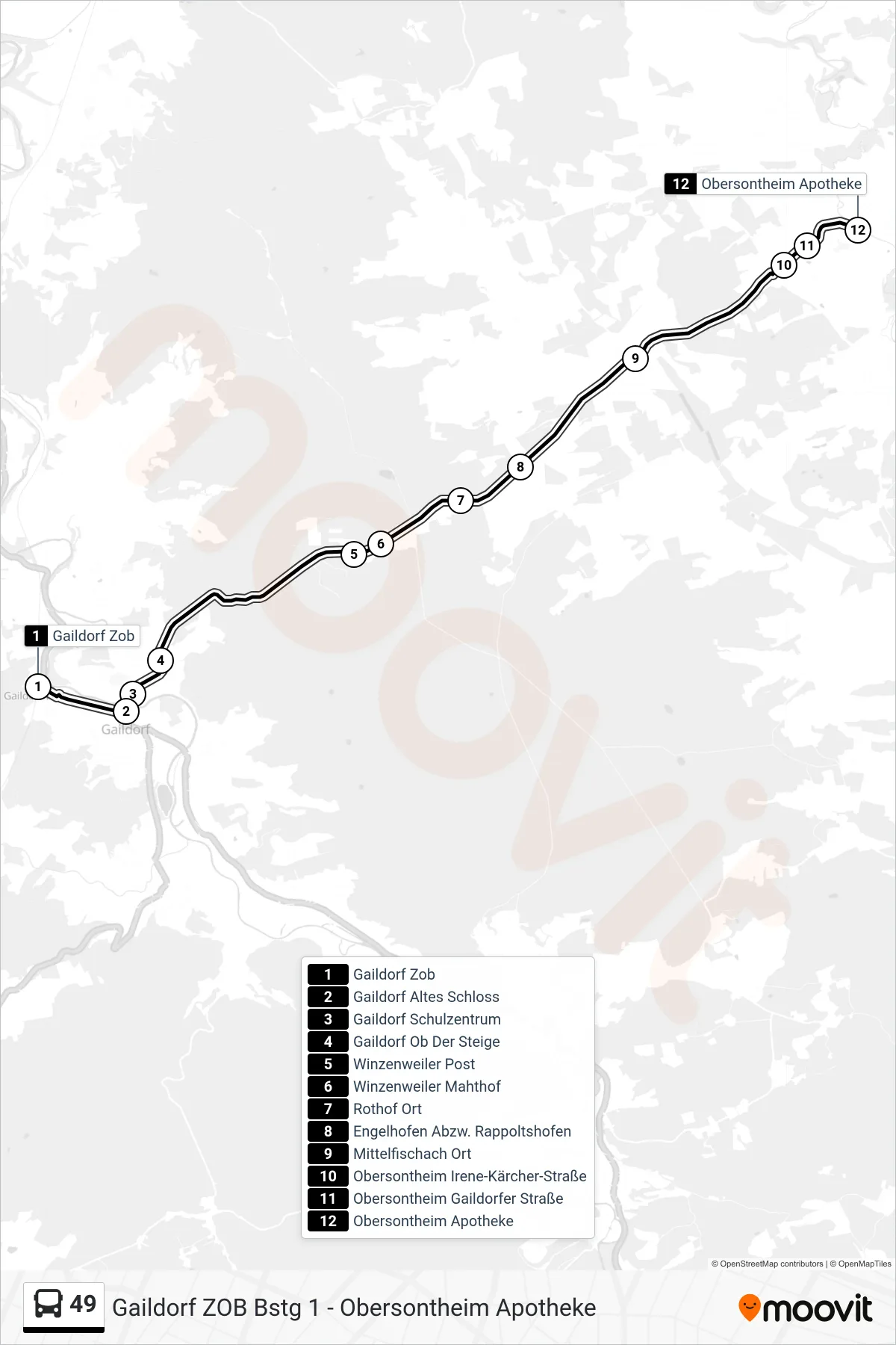49 bus Line (Obersontheim Apotheke) route and stops on a map