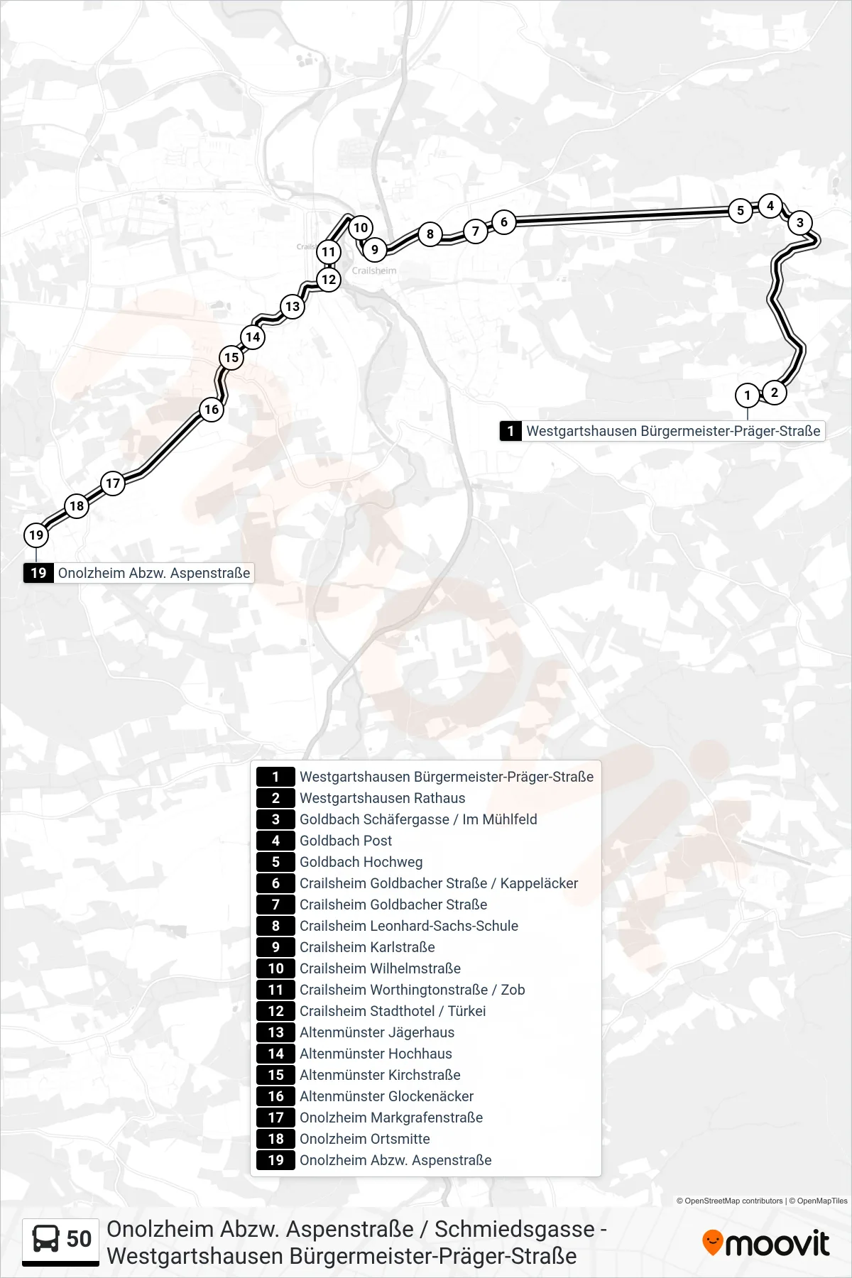 Linie 50 (Bus) Richtung Onolzheim Abzw. Aspenstraße: Route und Haltestellen auf der Karte