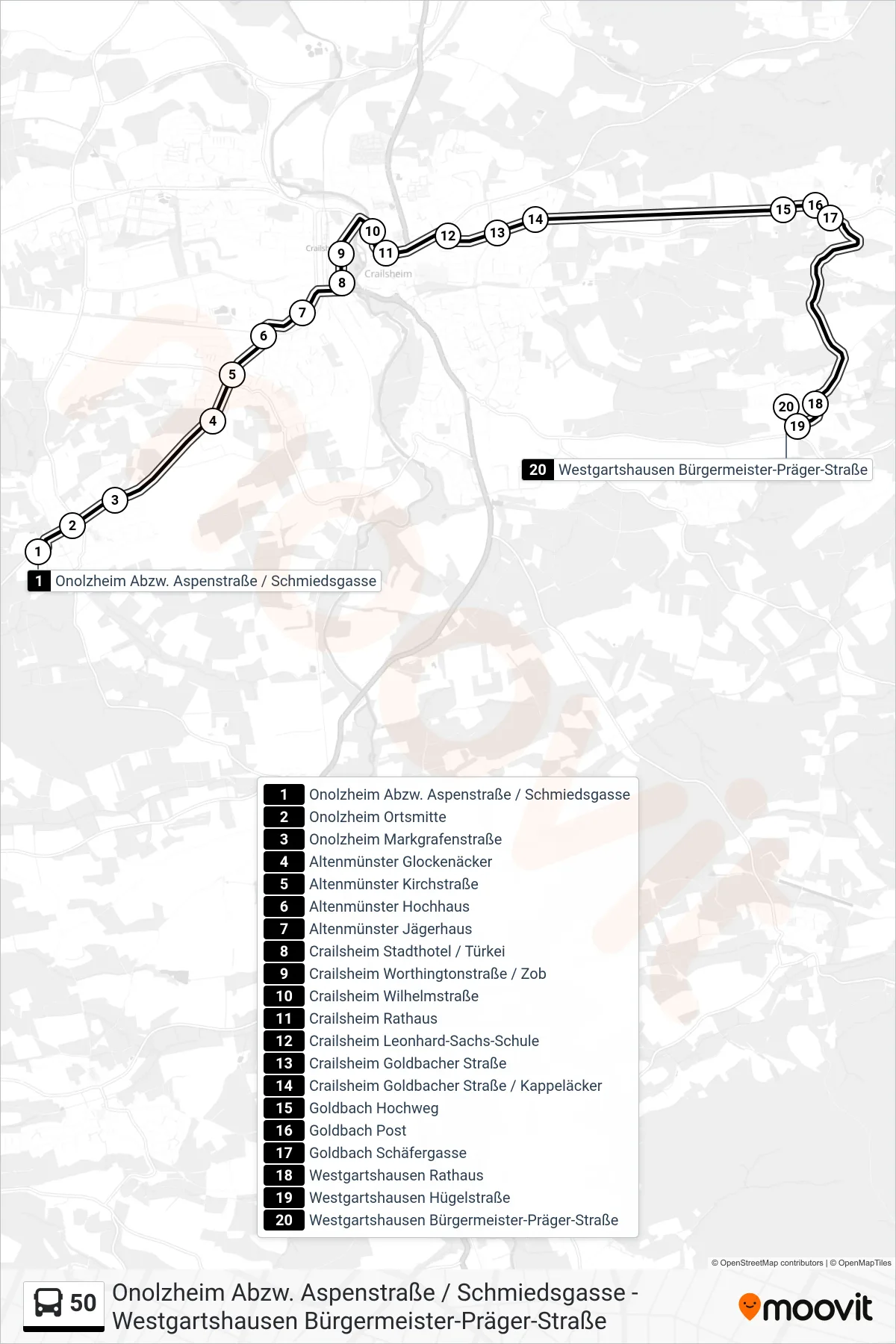 50 bus Line (Westgartshausen Bürgermeister-Präger-Straße) route and stops on a map